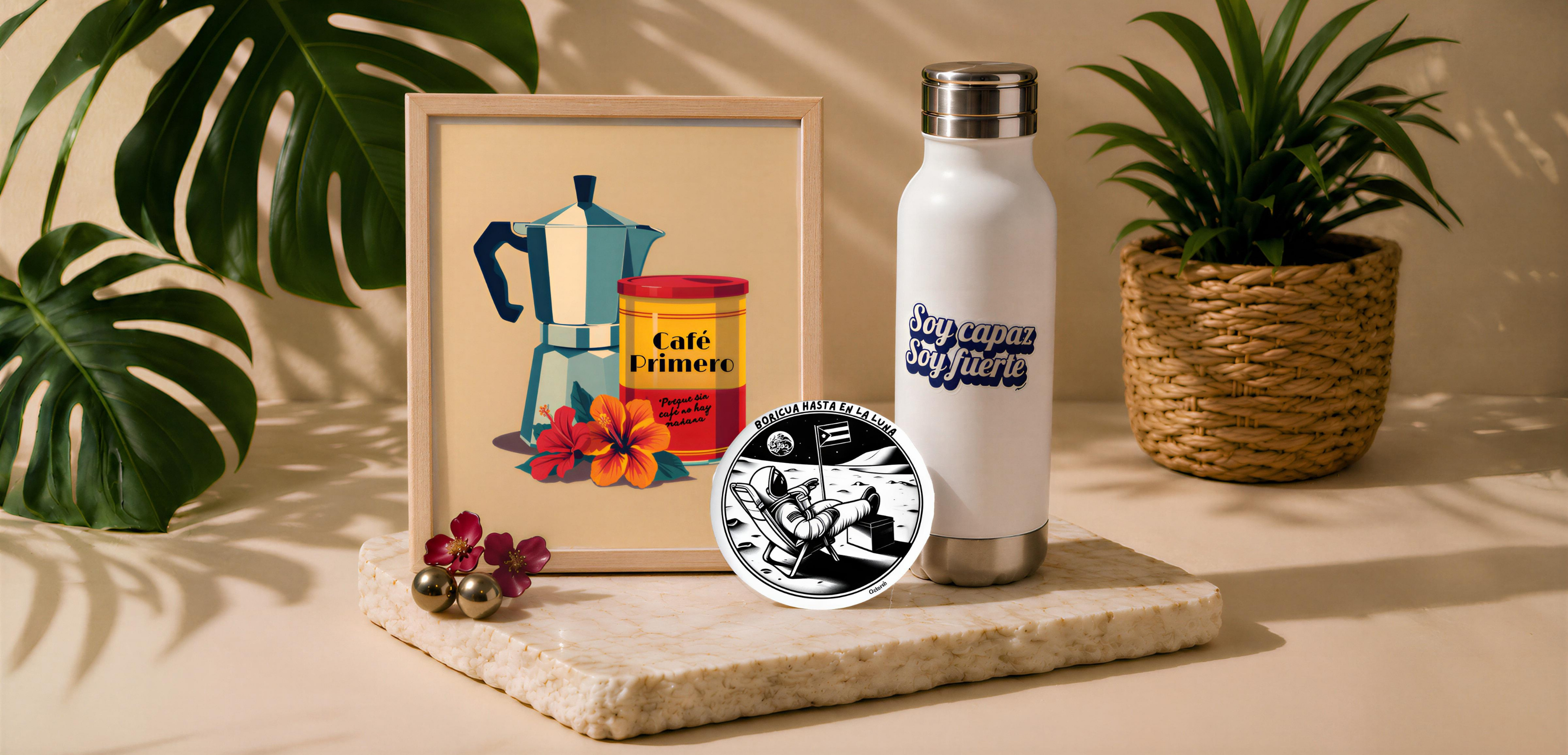 White water bottle with sticker, framed artwork, and plants on a neutral background