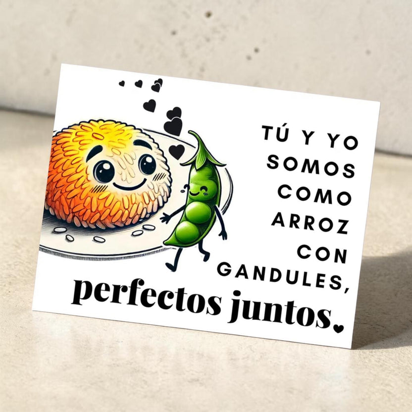 Chévere Greeting Card: Cute cartoon arroz con gandules characters, perfect for couples. Spanish text reads 'Tú y yo somos como arroz con gandules, perfectos juntos.'