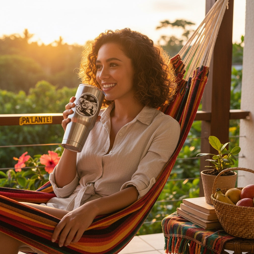 Chévere Boricua Hasta En La Luna vinyl sticker on a stainless steel tumbler held by a woman in a hammock.