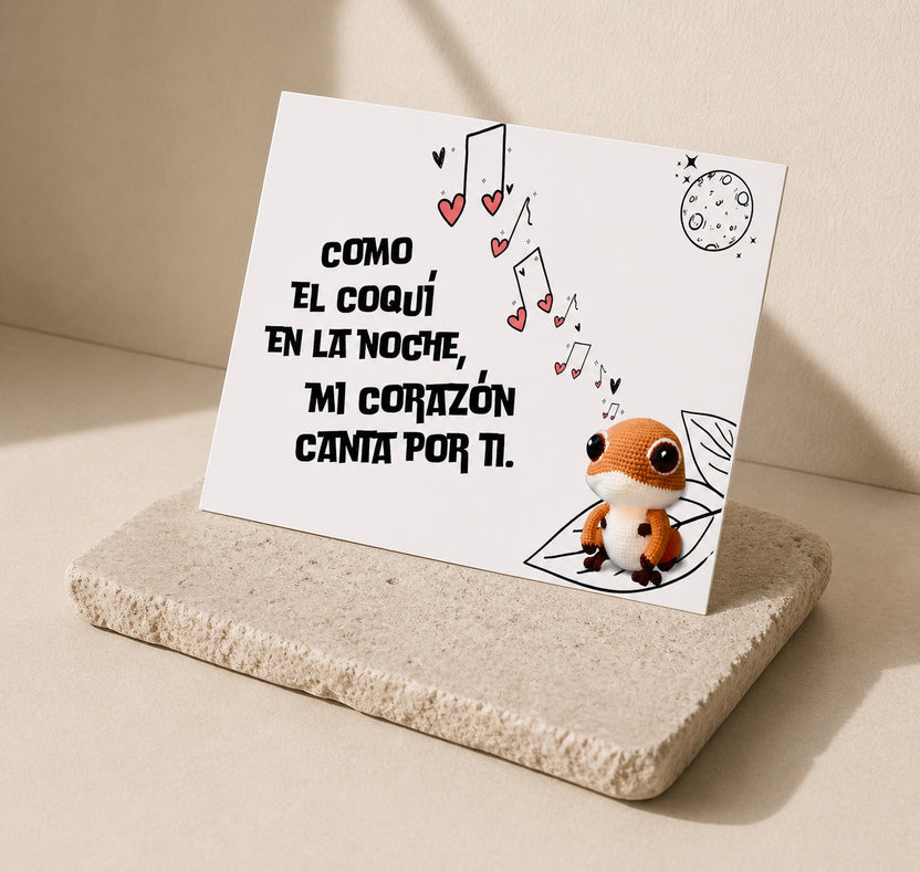 Chévere Postcard with Spanish text "Como el coquí en la noche, mi corazón canta por ti" and a cute coquí illustration.