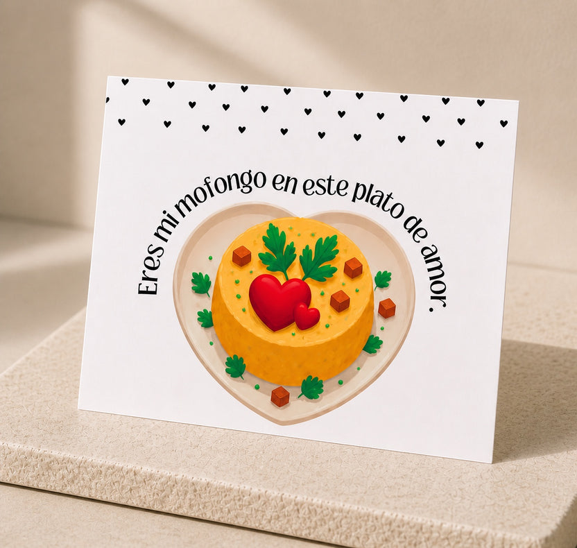 Chévere Postcard featuring a cute cartoon mofongo dish with hearts and text "Eres mi mofongo en este plato de amor."