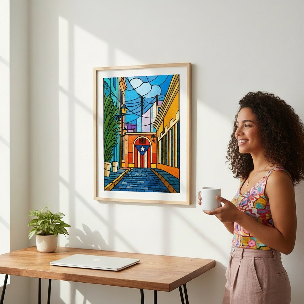Chévere Digital art print of a colorful Old San Juan street with Puerto Rican flag archway and stained-glass style.