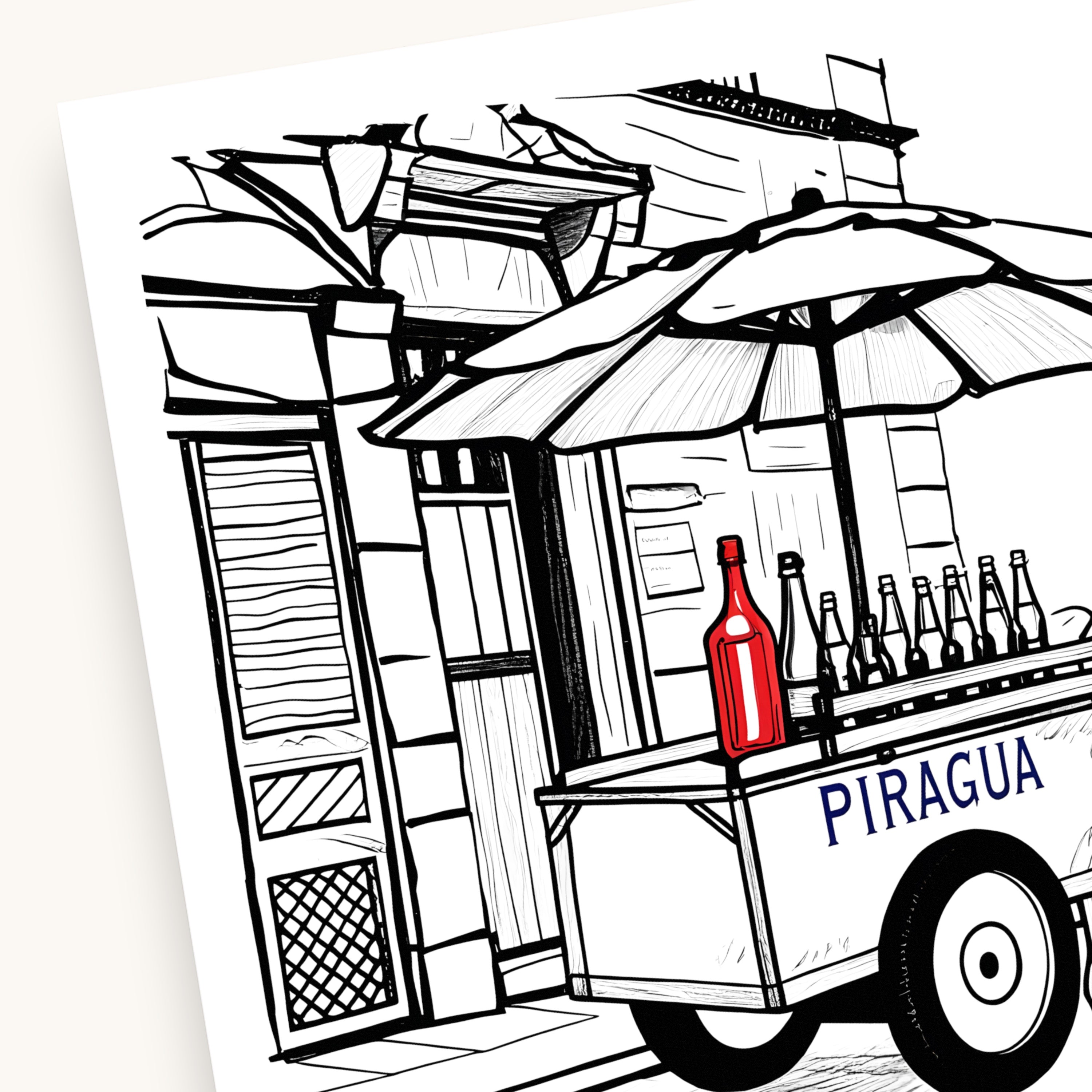 Chévere Puerto Rican piragua cart illustration with colorful syrups and bottles on a street scene.