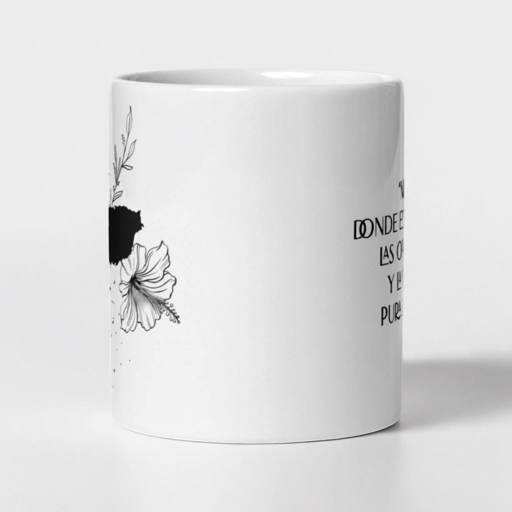Chévere Island Vibes white ceramic mug with black Puerto Rico outline, hibiscus flowers, and tropical leaves.
