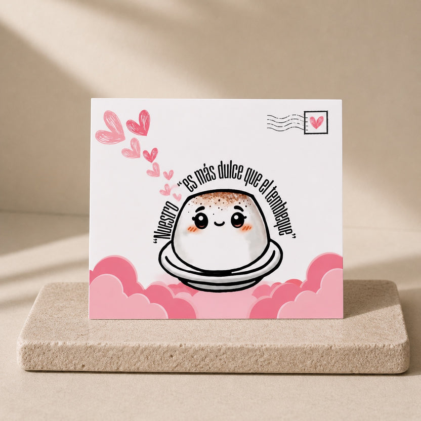Chévereh Tembleque postcard featuring a cute dessert illustration with hearts and Spanish text. Perfect for Valentine's Day.