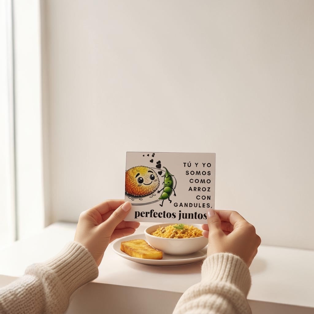 Chévere Postcard featuring cute cartoon arroz con gandules characters, perfect for couples. Text reads "Tú y yo somos como arroz con gandules, perfectos juntos."