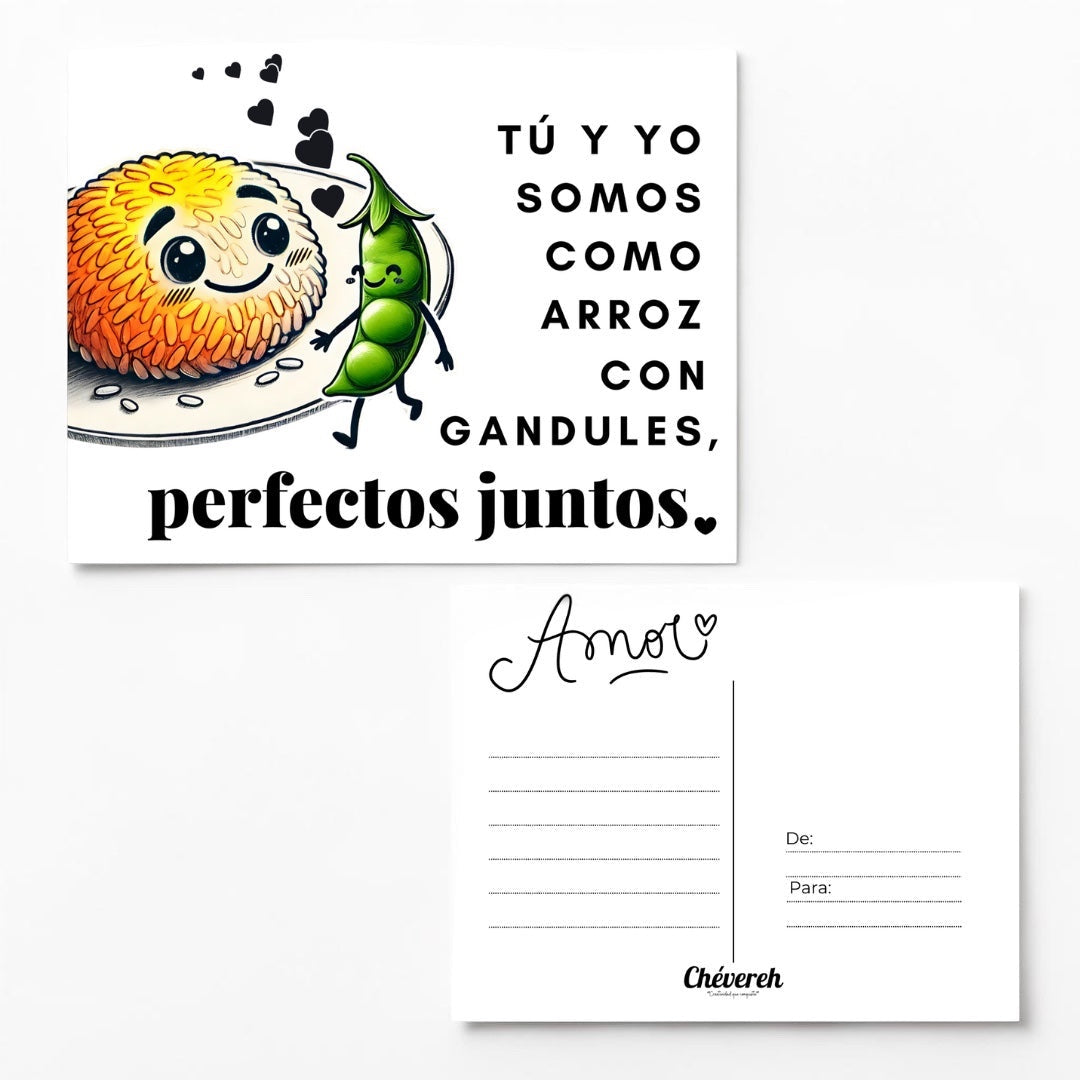 Chévereh Arroz con Gandules postcard featuring cute cartoon rice and peas saying 'perfect together'.