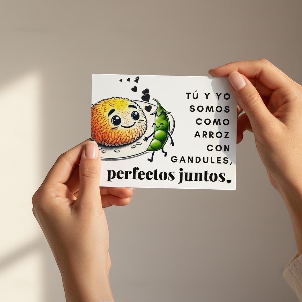 Chévereh Postcard featuring cute cartoon arroz con gandules characters. Text reads "Tú y yo somos como arroz con gandules, perfectos juntos."