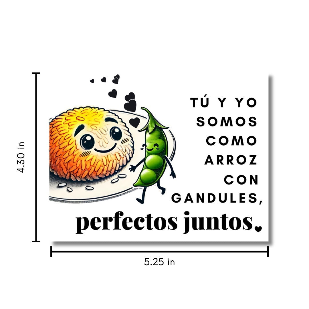 Chévereh Postcard featuring cute cartoon arroz con gandules characters. Text reads "Tú y yo somos como arroz con gandules, perfectos juntos."