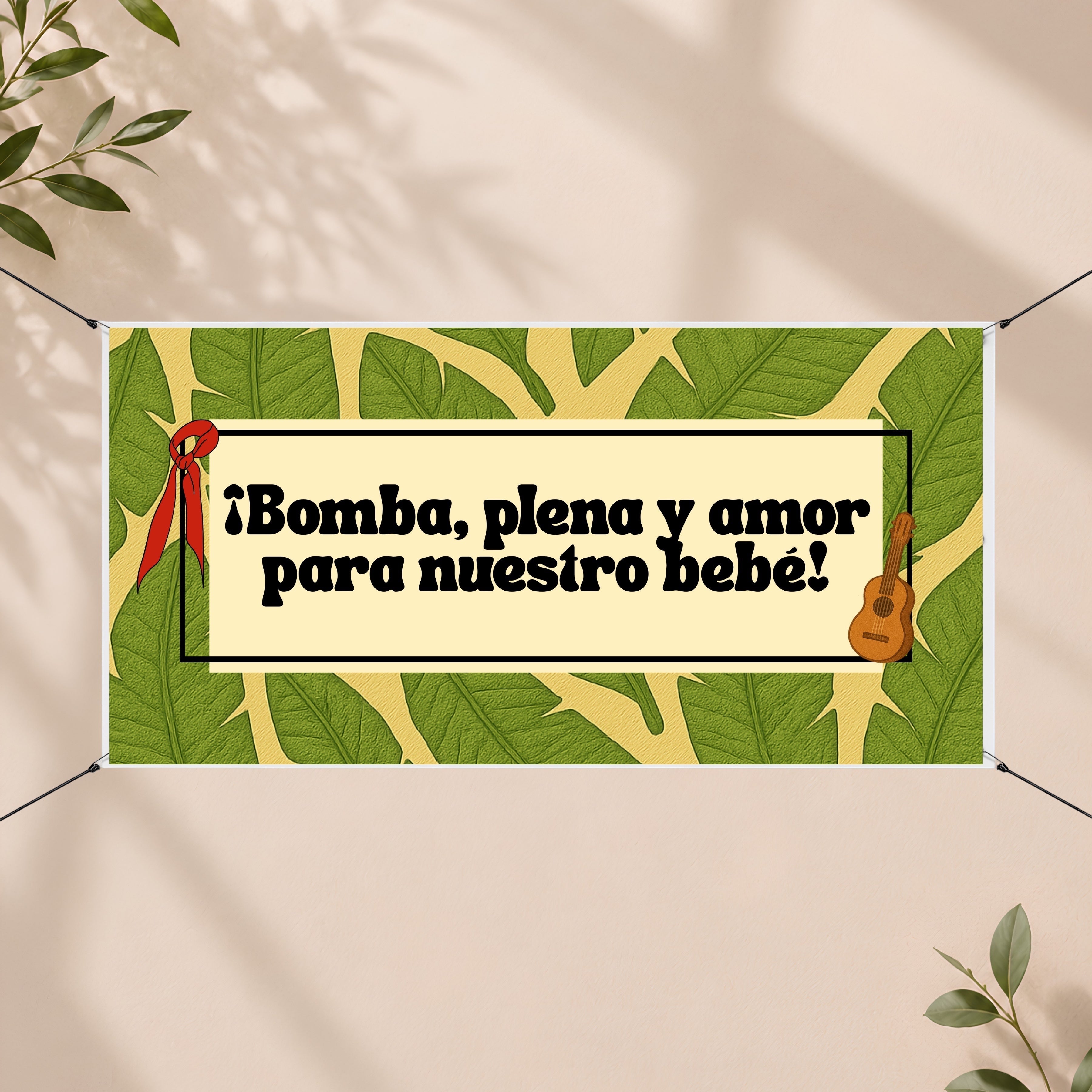 Chévereh "Nuestro Jibarito" baby shower banner with tropical leaves, text "Bomba, plena y amor para nuestro bebé!", red ribbon, and ukulele.