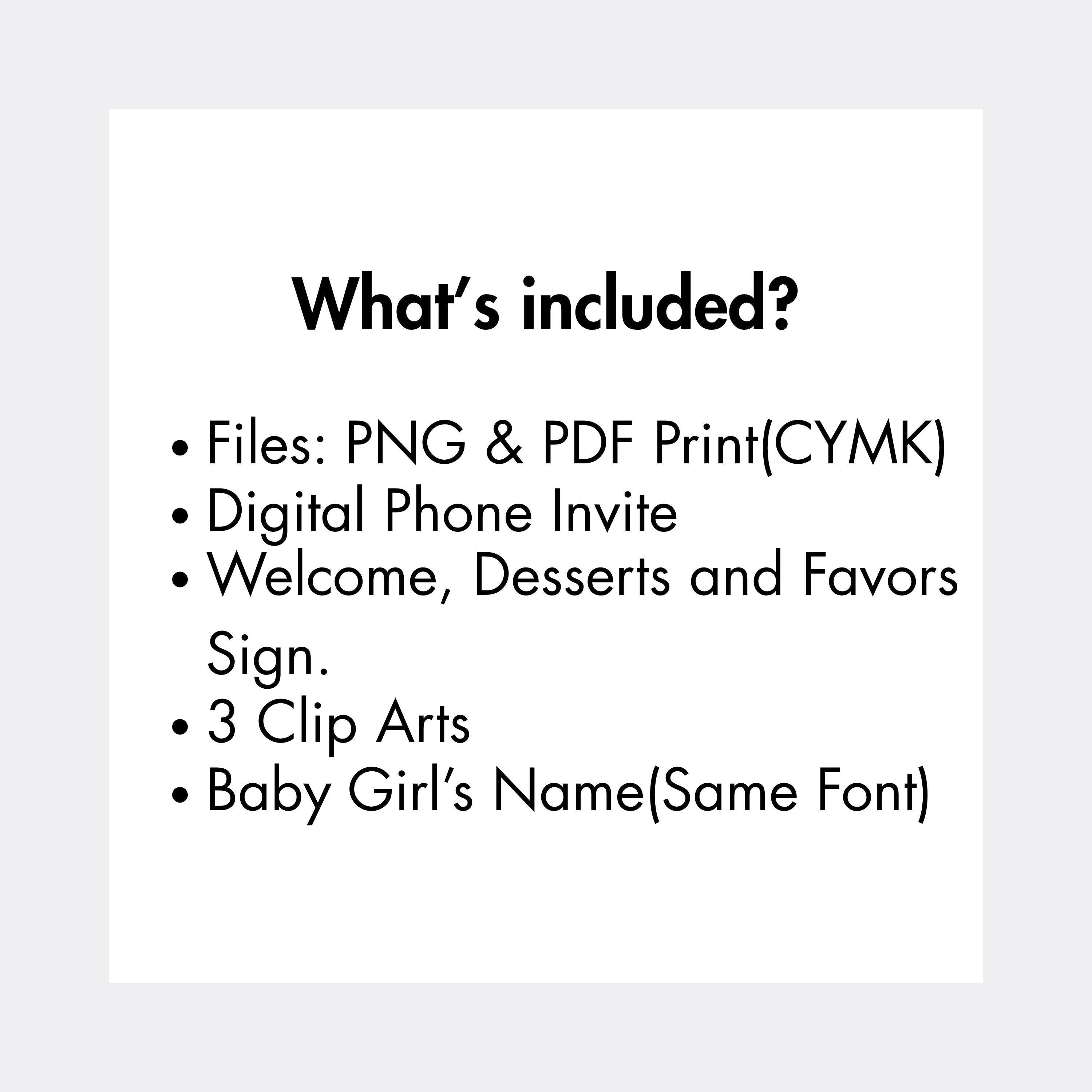 Chévereh: What's included in the Una Pequeña Jibarita digital baby shower bundle: PNG/PDF files, phone invite, welcome, dessert, favors signs, clipart, and name customization.