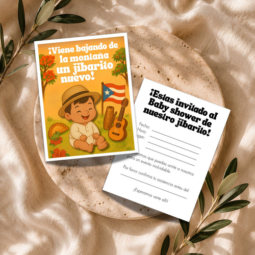 Chévereh "Nuestro Jibarito" Baby Shower Bundle printable digital set with invitation and details card featuring a baby in a straw hat.