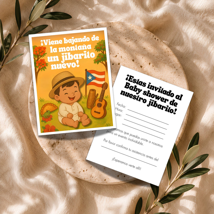 Chévereh "Nuestro Jibarito" Baby Shower Bundle printable digital set with invitation and details card featuring a baby in a straw hat.