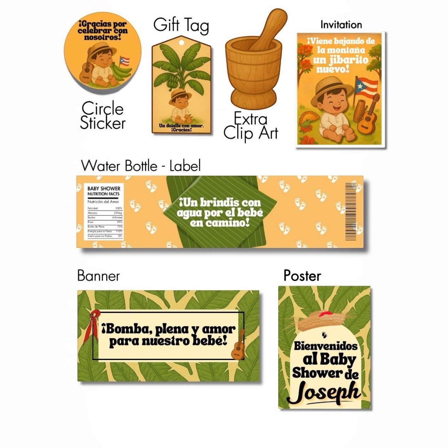Chévereh Nuestro Jibarito baby shower bundle includes invitations, stickers, gift tags, water bottle labels, banner, poster, and clip art with tropical and Puerto Rican motifs.