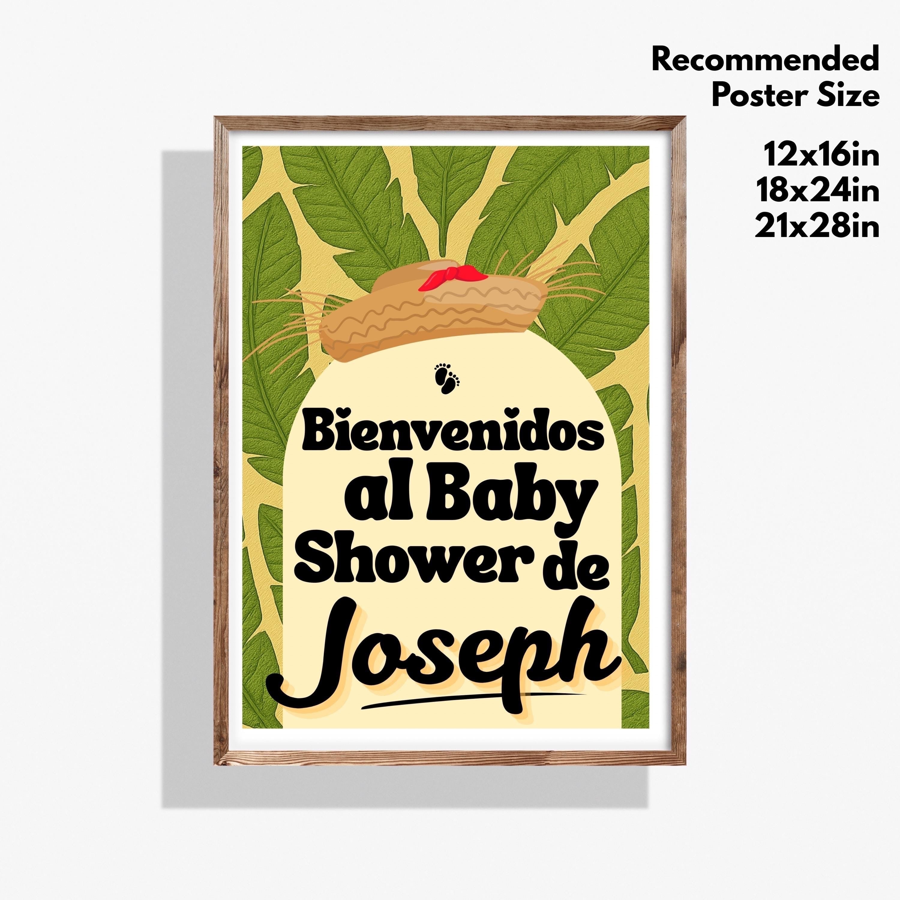 Chévereh "Nuestro Jibarito" baby shower poster with tropical leaves, a straw hat, and "Bienvenidos al Baby Shower de Joseph" text.