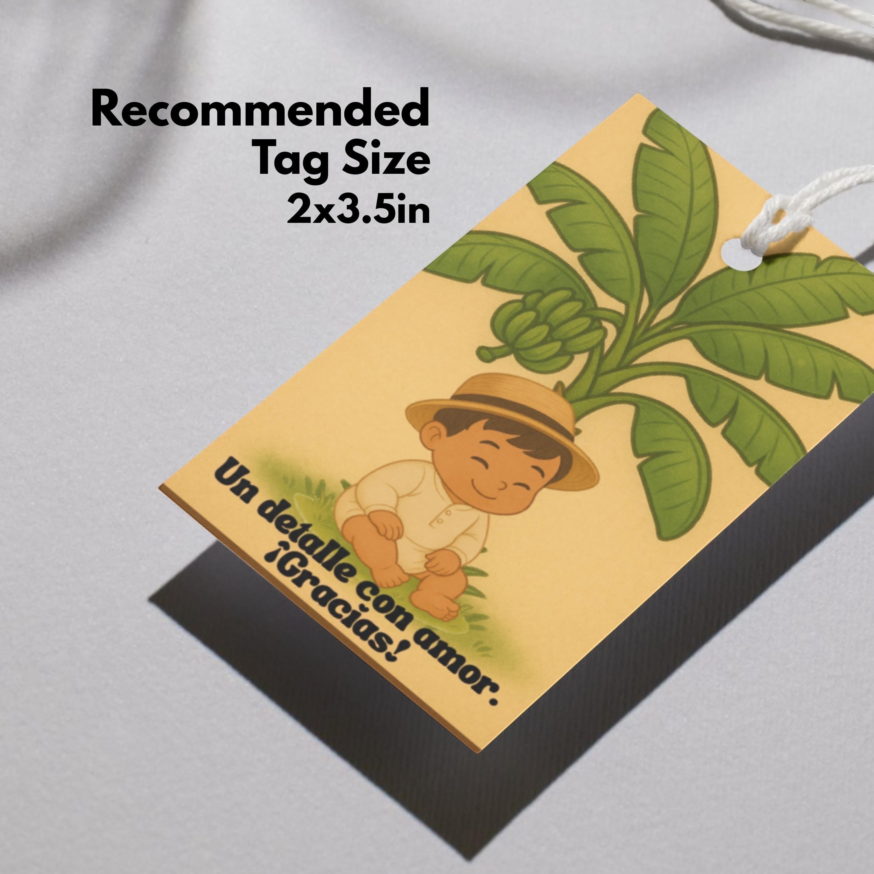 Chévereh Baby shower tag with a cute baby in a straw hat and a banana tree. "Un detalle con amor. ¡Gracias!"