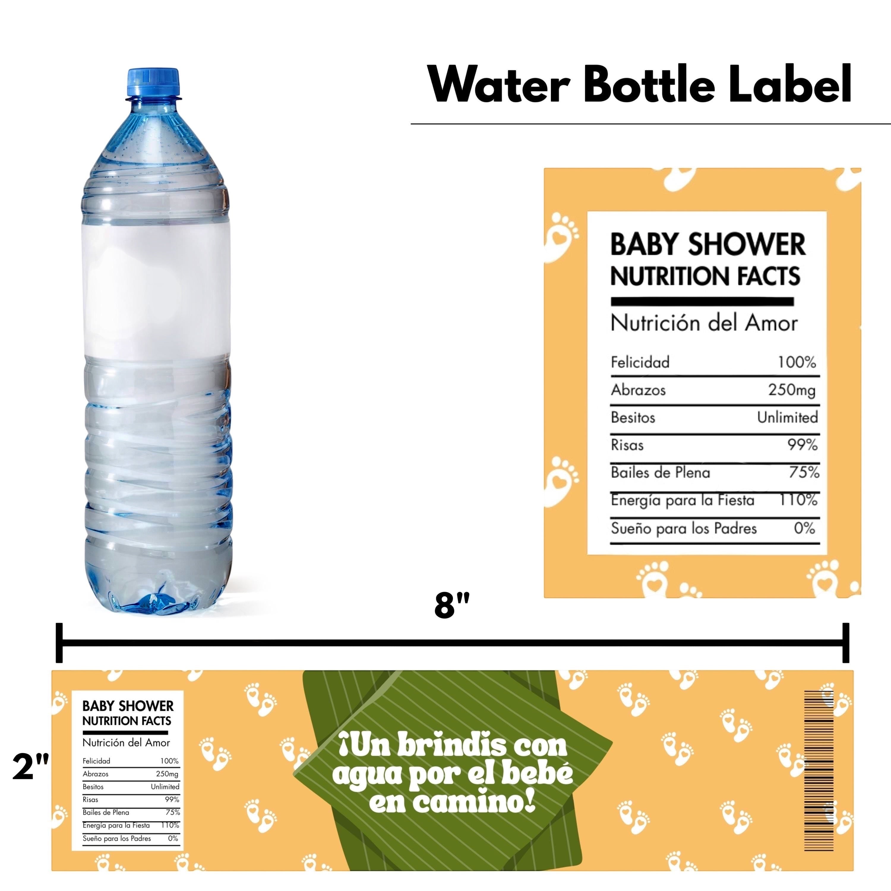 Chévereh "Nuestro Jibarito" baby shower water bottle label with nutrition facts in Spanish and tropical design.