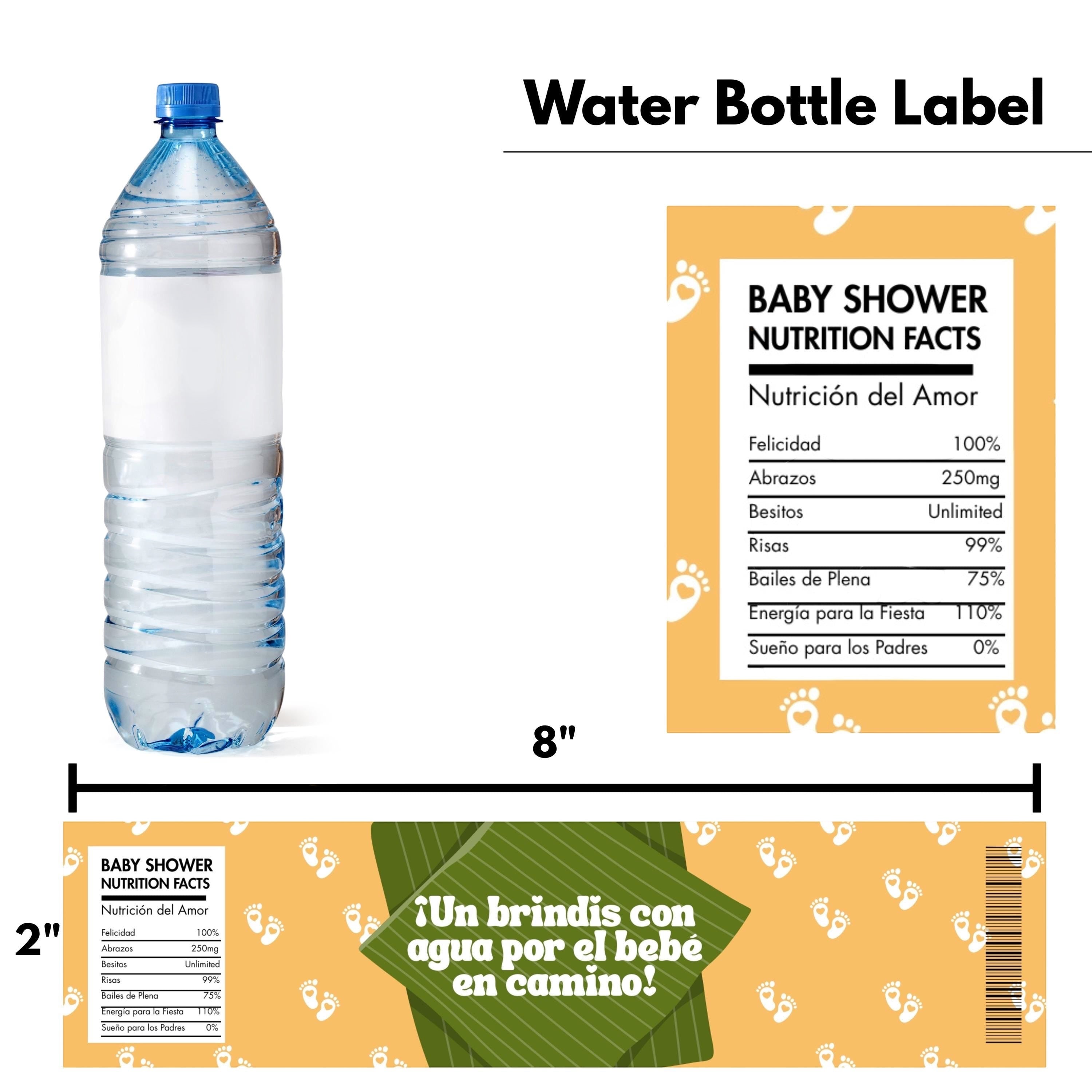 Chévereh printable water bottle label with "Baby Shower Nutrition Facts" in Spanish and English, tropical motifs, and baby footprints.