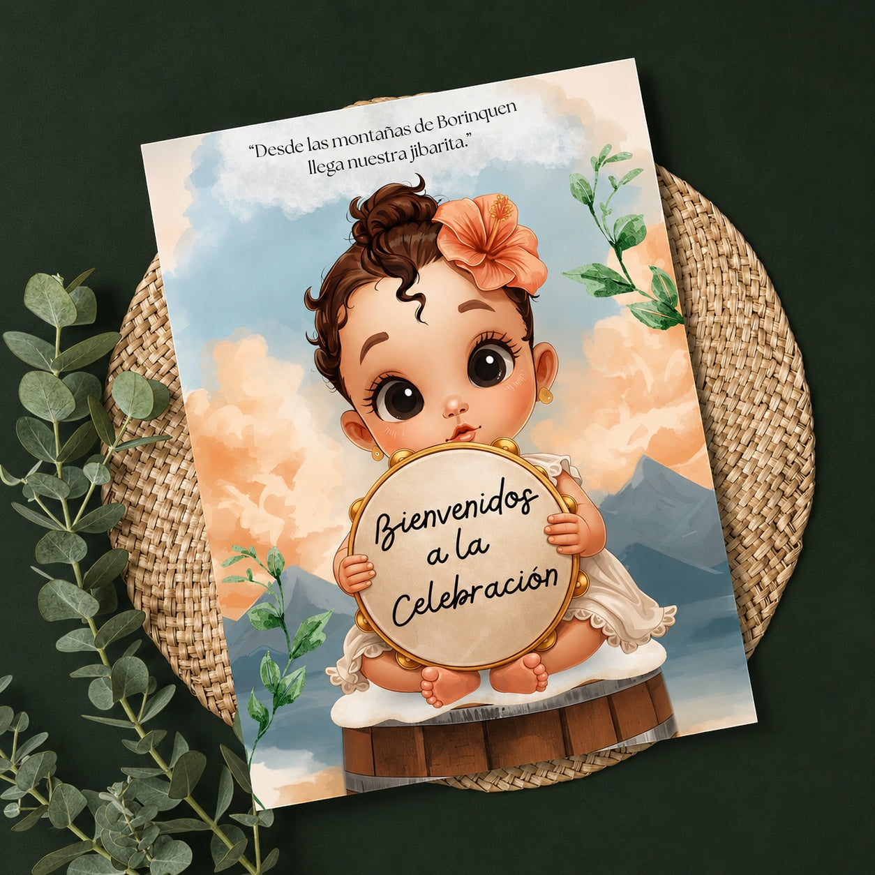 Chévereh baby shower welcome sign with a cute baby illustration, mountains, and greenery. "Bienvenidos a la Celebración"