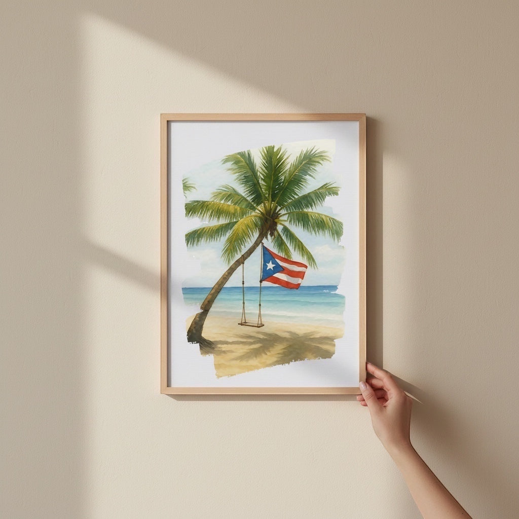 Chévereh Beach Beauty digital art print featuring a tropical palm tree, swing, and Puerto Rican flag in a wood frame.