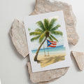 Chévereh Beach Beauty digital art print featuring a tropical palm tree, beach swing, and Puerto Rican flag.
