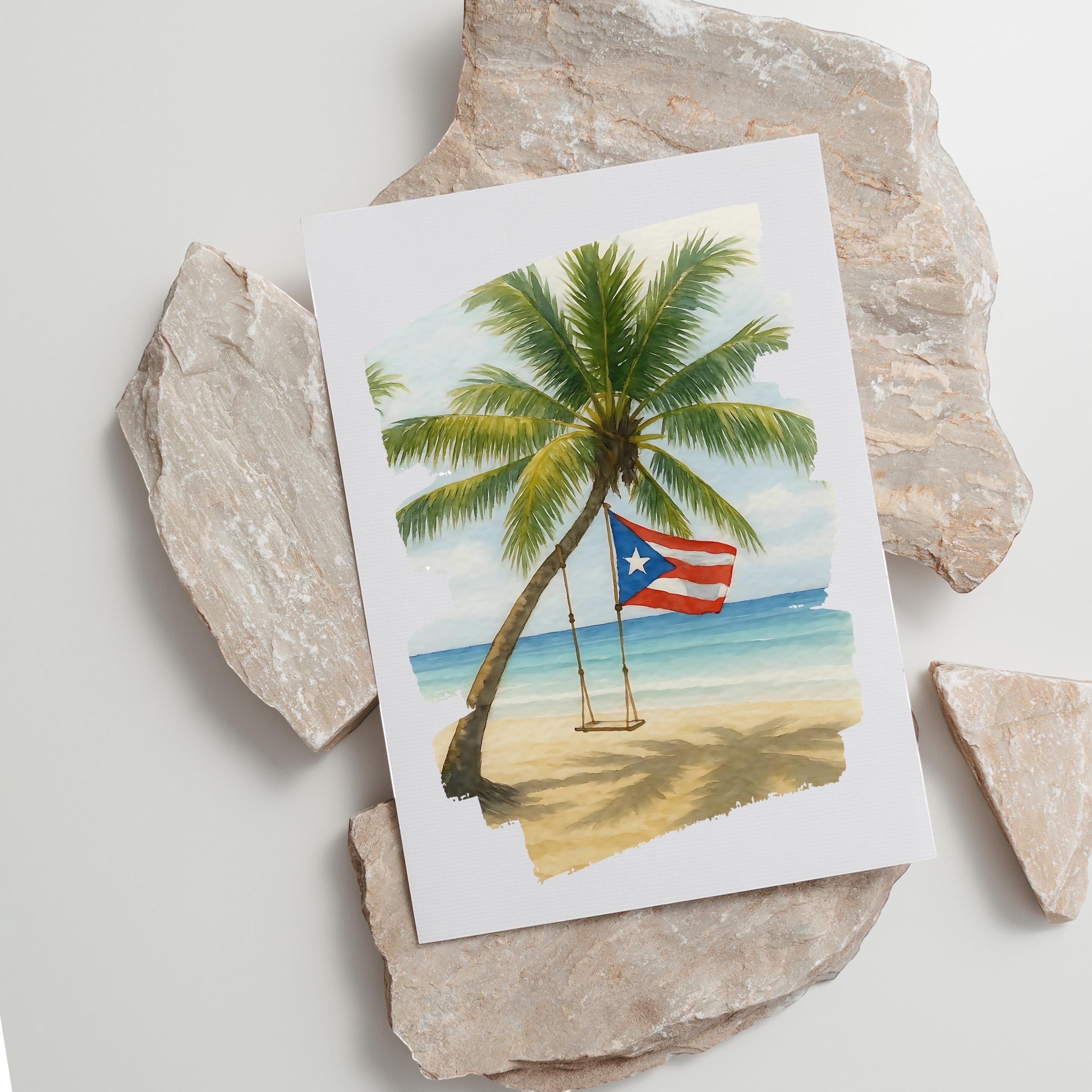 Chévereh Beach Beauty digital art print featuring a tropical palm tree, beach swing, and Puerto Rican flag.