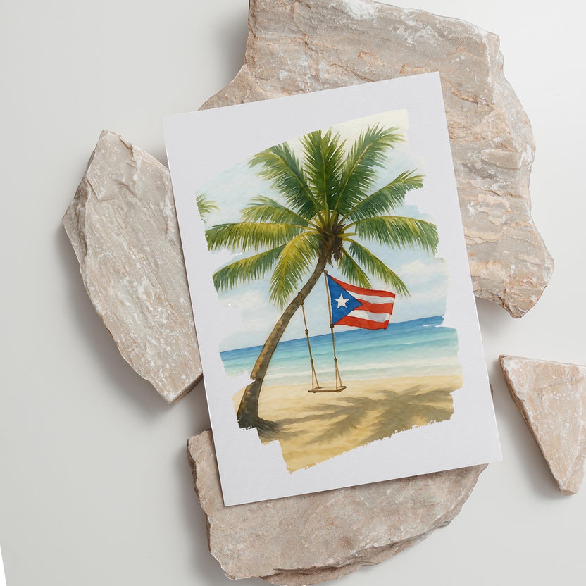 Chévereh Beach Beauty digital art print featuring a tropical palm tree, beach swing, and Puerto Rican flag.
