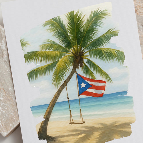 Chévereh Beach Beauty digital art print featuring a tropical palm tree, a beach swing, and the Puerto Rican flag.