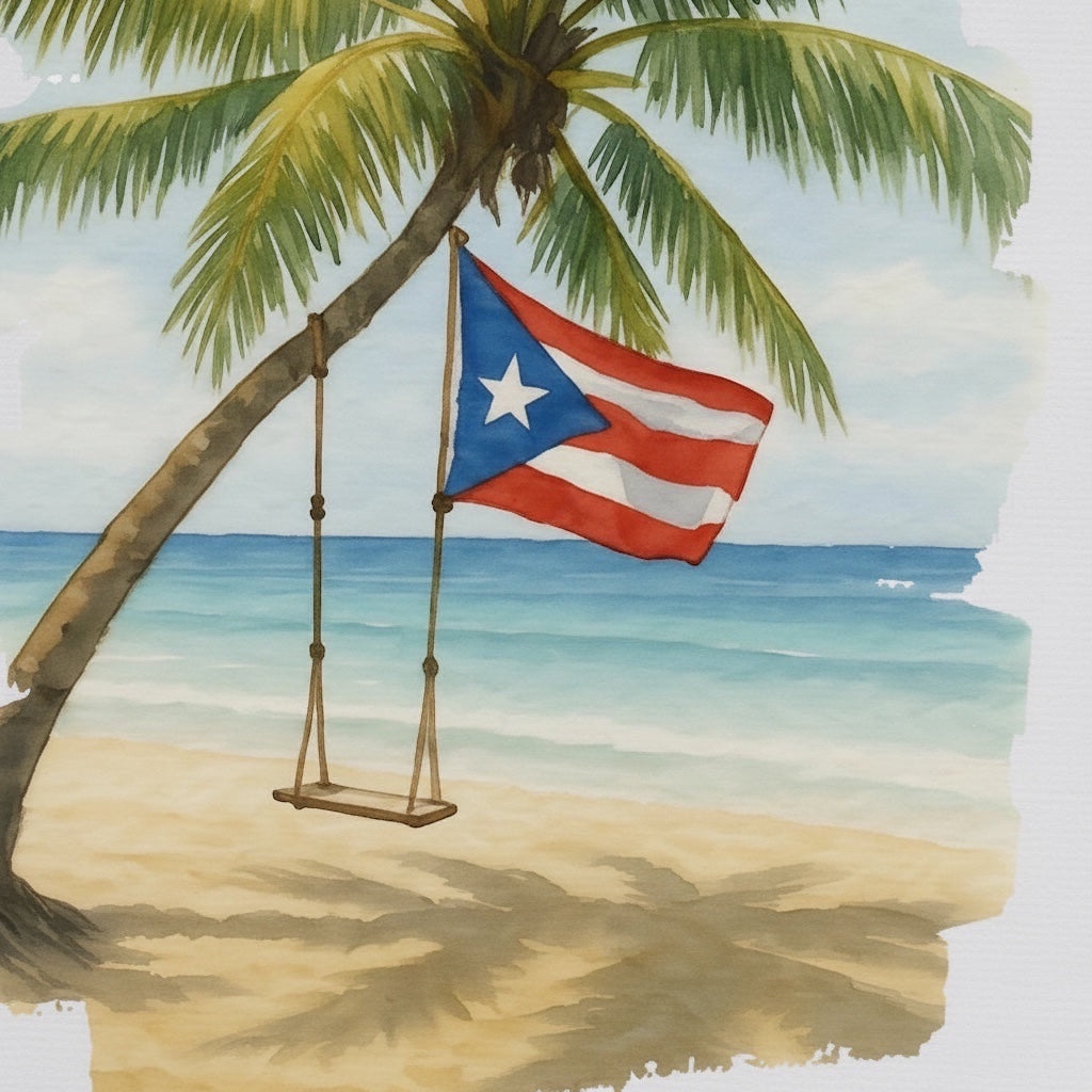 Chévereh Beach Beauty digital art print featuring a tropical palm tree, rope swing, and Puerto Rican flag on a beach.
