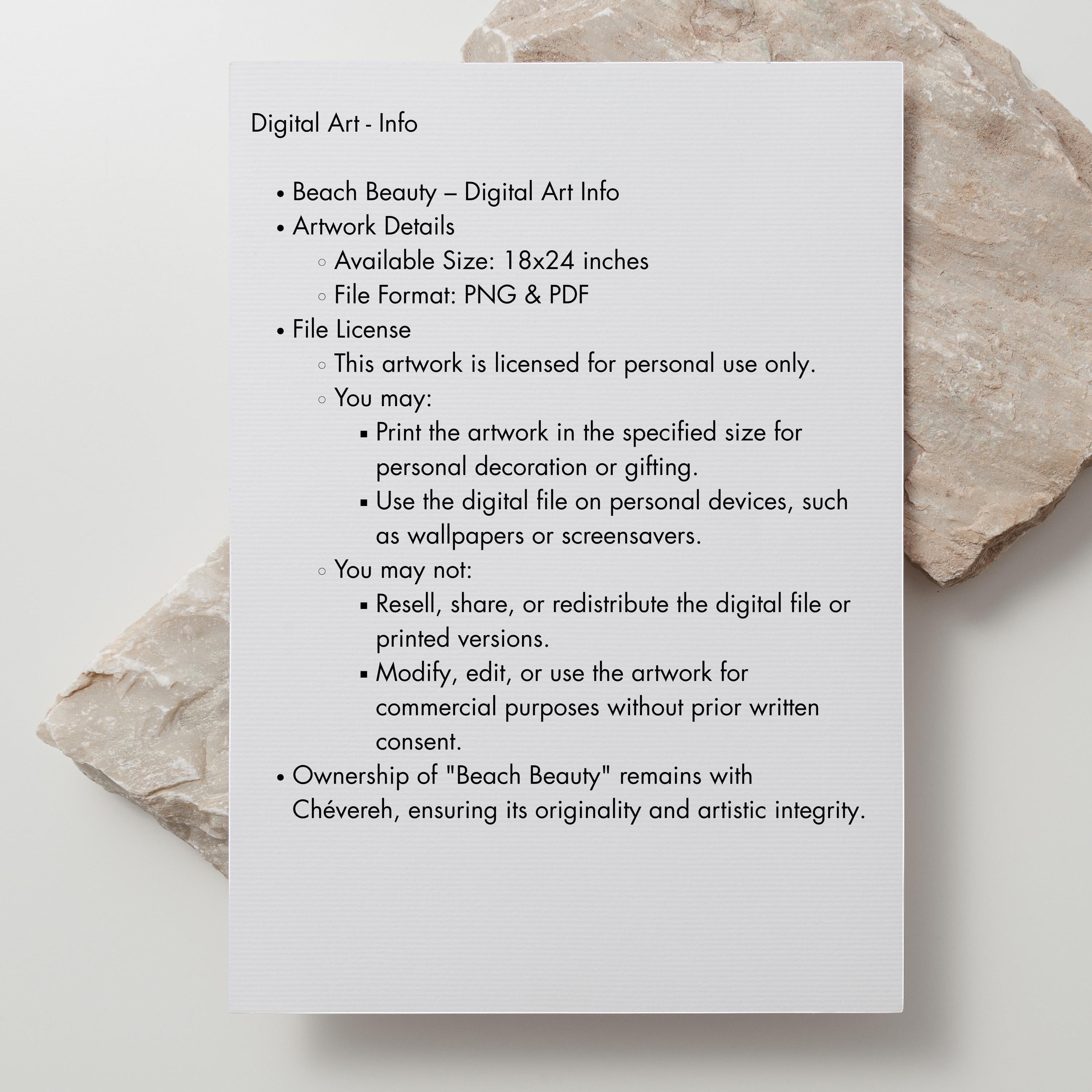 Chévereh Beach Beauty digital art print information sheet with 18x24 inch size and personal use license details.