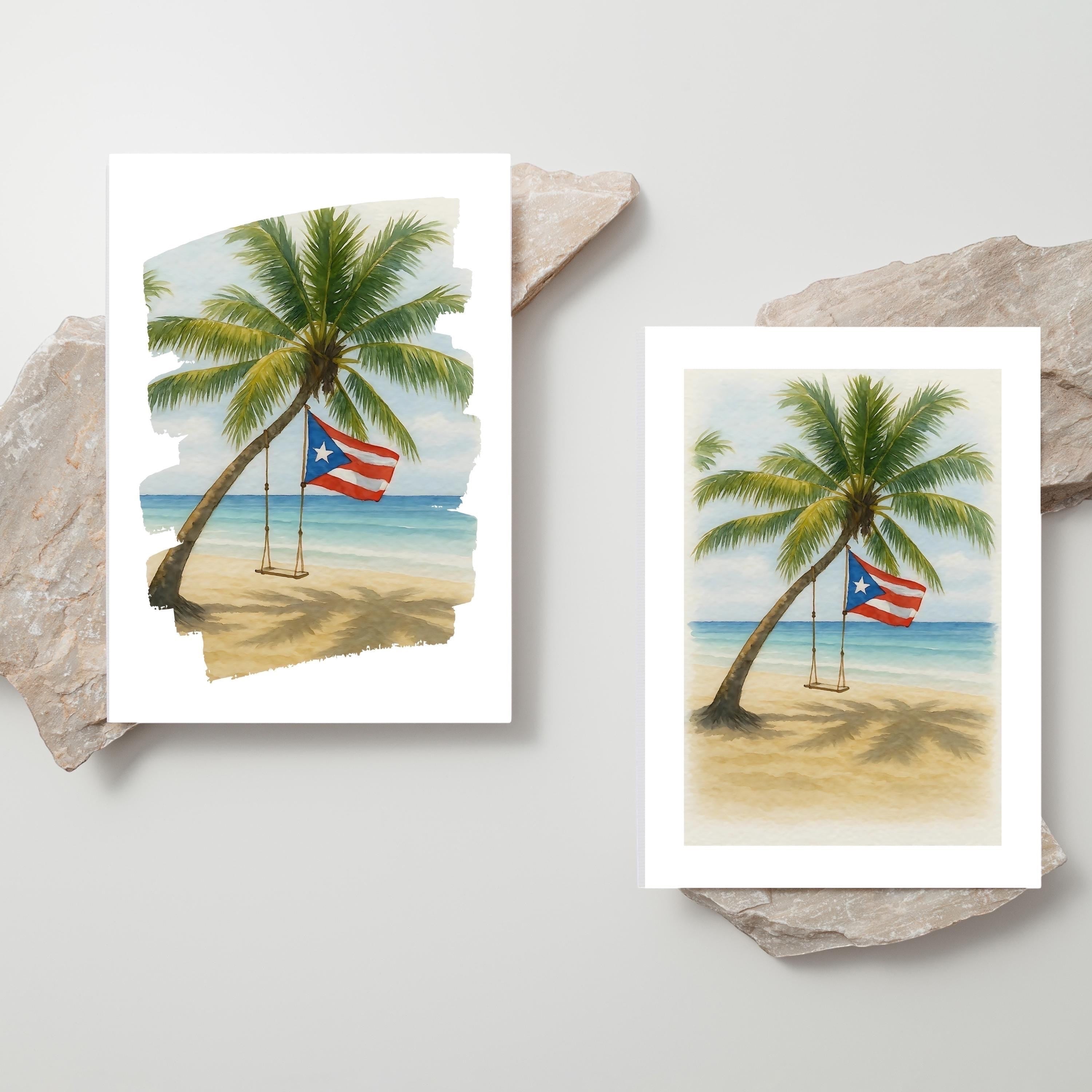 Chévereh Beach Beauty digital art print featuring a tropical palm tree, beach swing, and Puerto Rican flag.