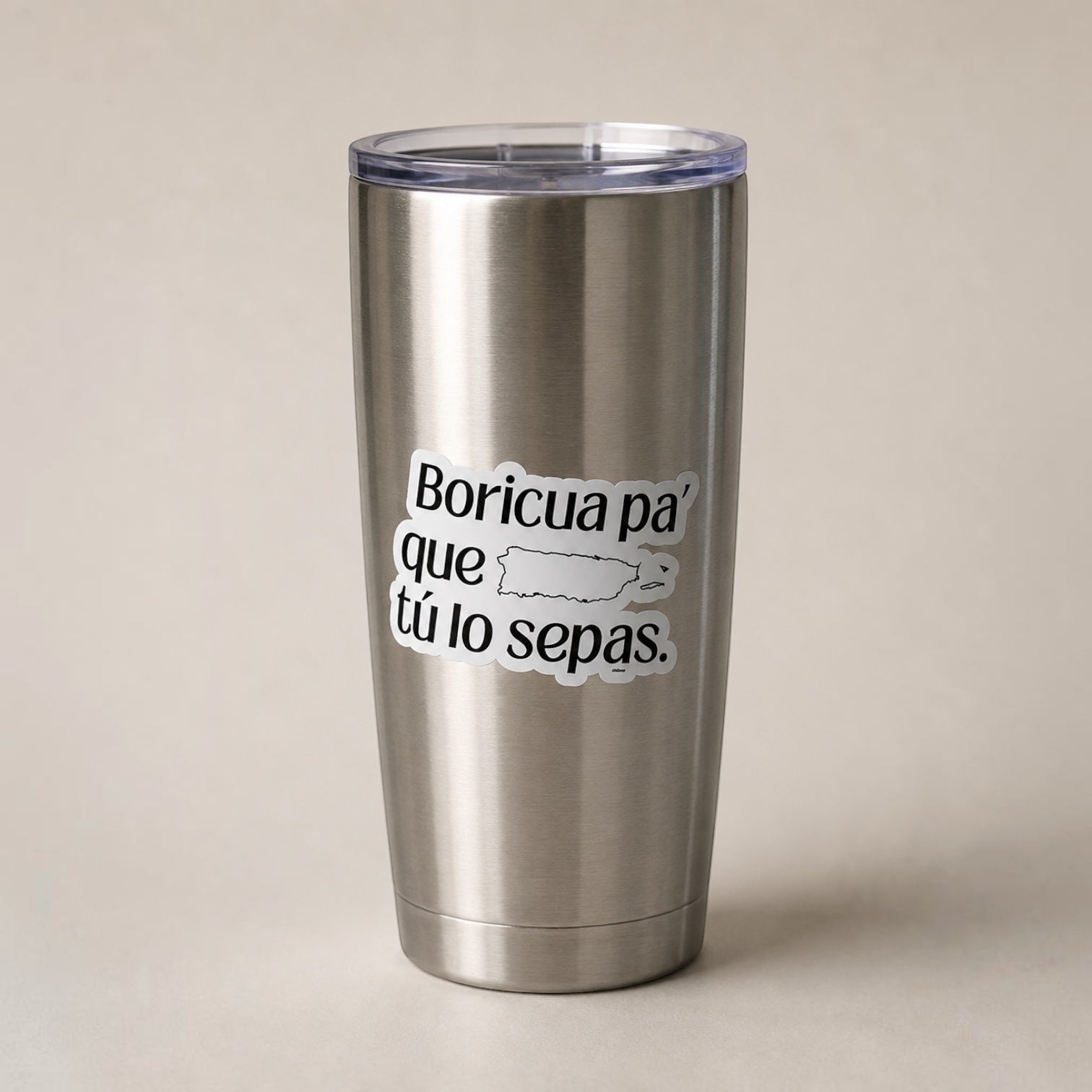 Chévereh Boricua Pa Que Tú Lo Sepas vinyl sticker with Puerto Rico island silhouette on a tumbler.