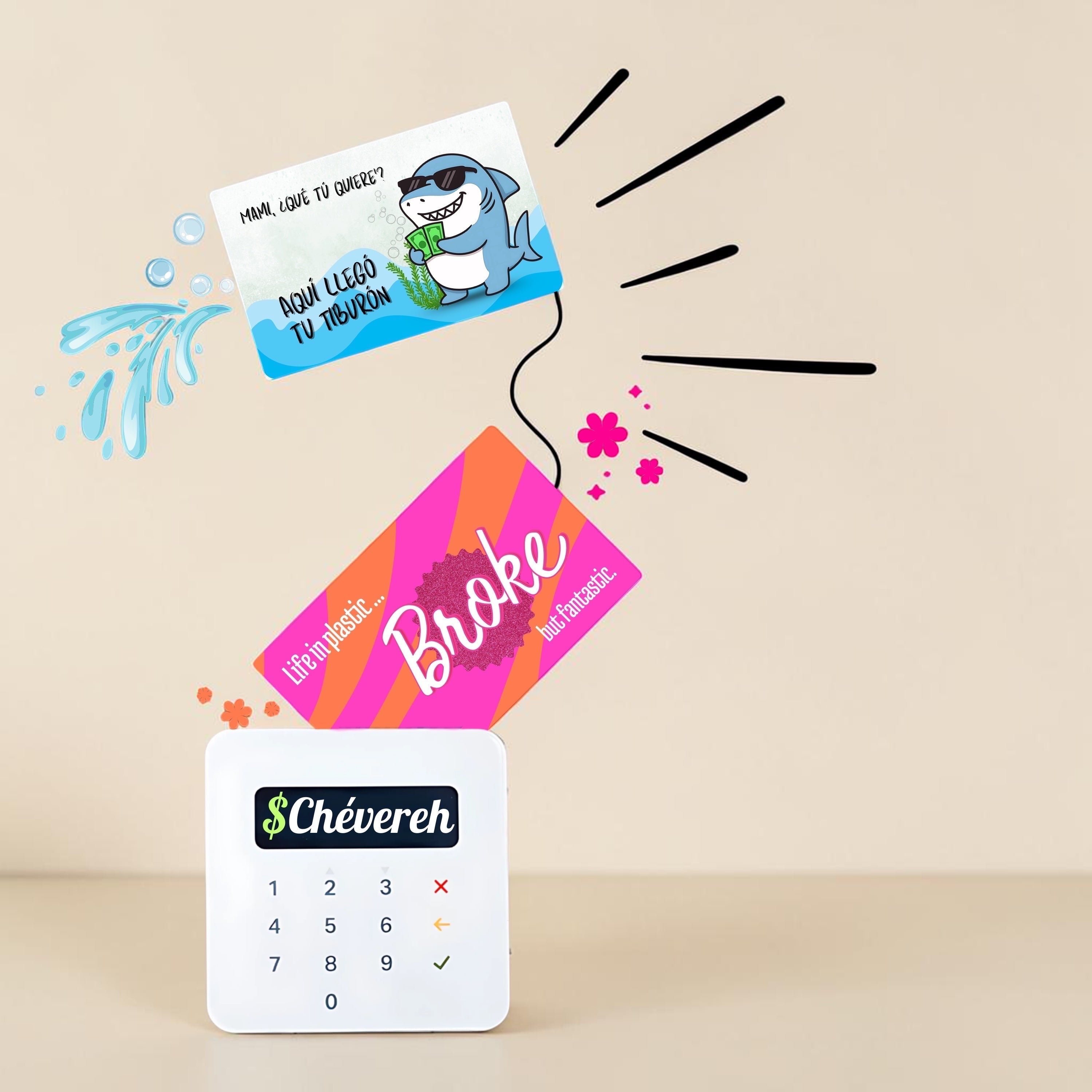 Chévereh waterproof debit and credit card skin with pink and orange stripes and "Broke but fantastic" text.