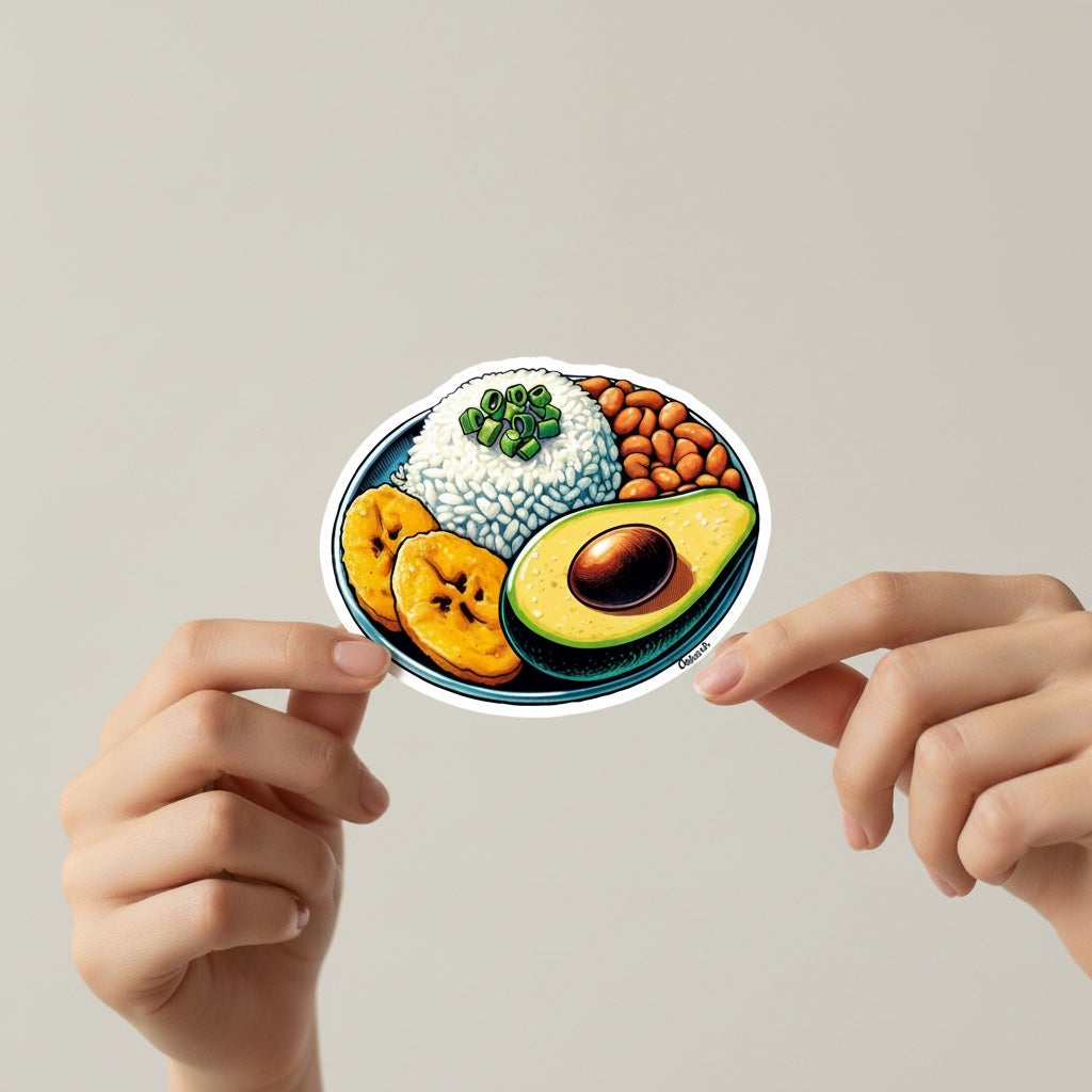 Chévereh Buen Plato sticker featuring rice, beans, avocado, and plantains. Vinyl decal.