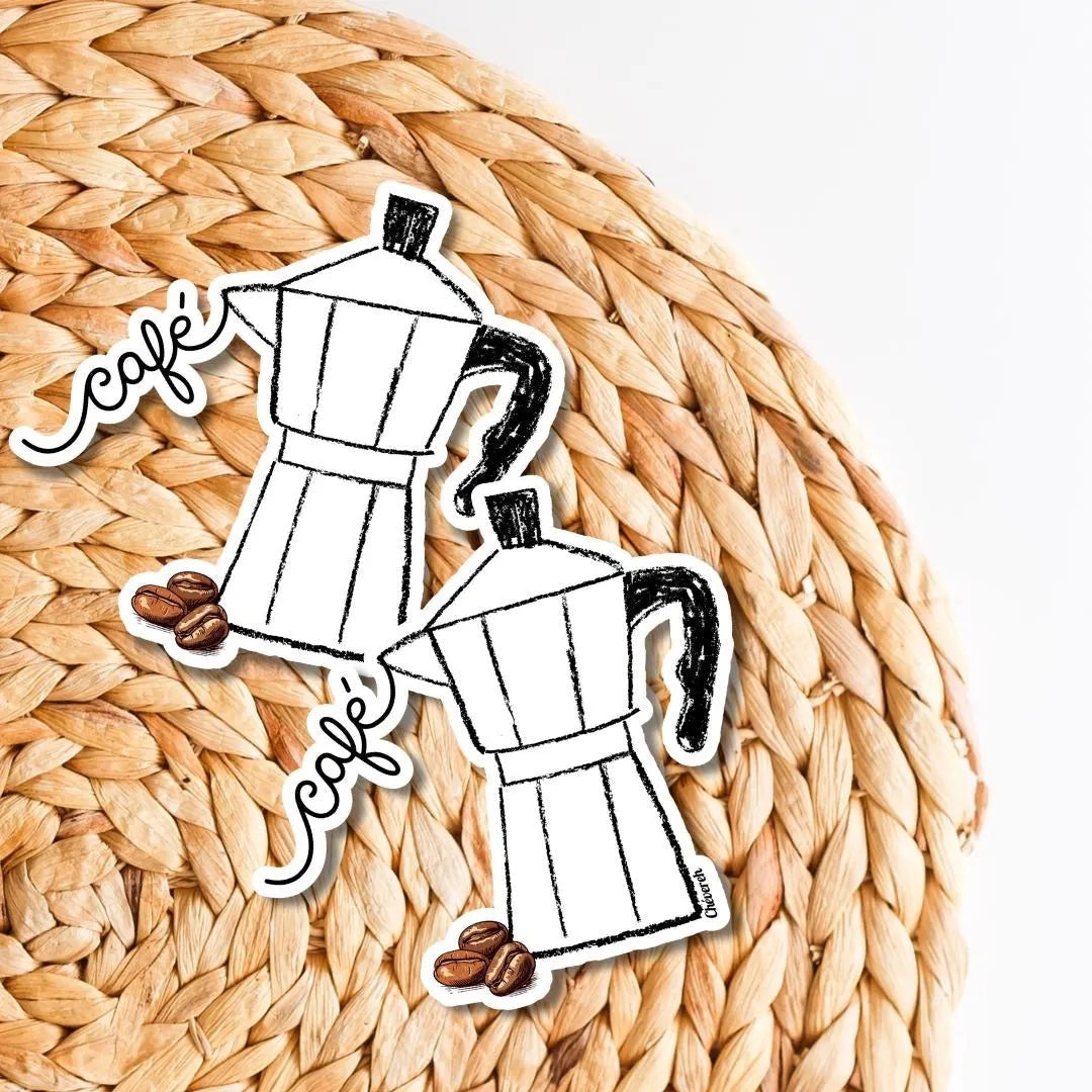 Chévereh Puerto Rican inspired sticker pack featuring two moka pots with "café" script and coffee beans, vinyl material.