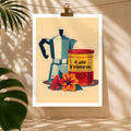 Chévereh Café Primero digital art print featuring a blue moka pot, yellow coffee can, and red hibiscus flowers.