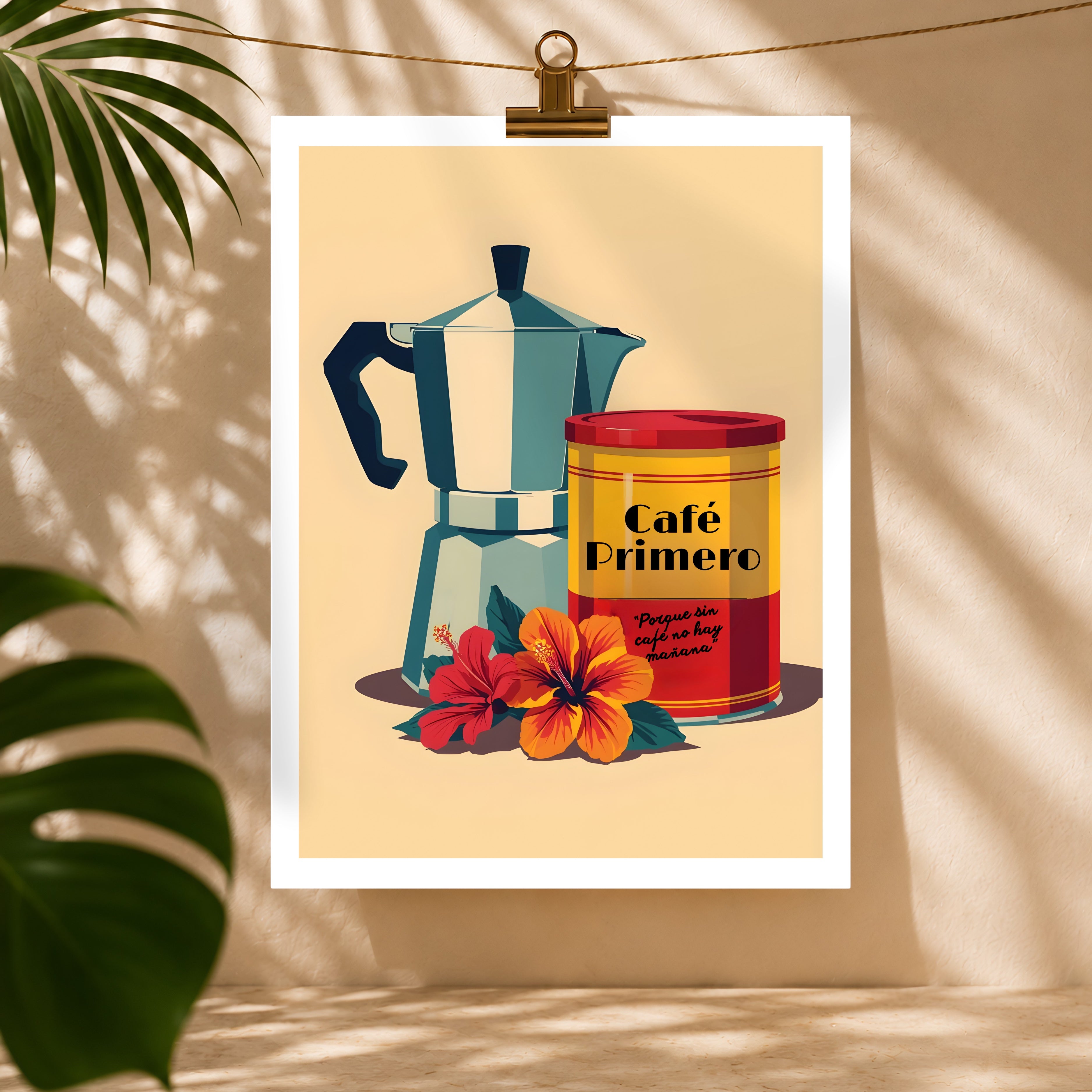 Chévereh Café Primero digital art print featuring a blue moka pot, yellow coffee can, and red hibiscus flowers.