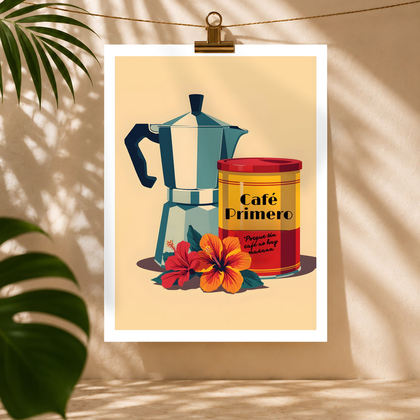 Chévereh Café Primero digital art print featuring a blue moka pot, yellow coffee can, and red hibiscus flowers.