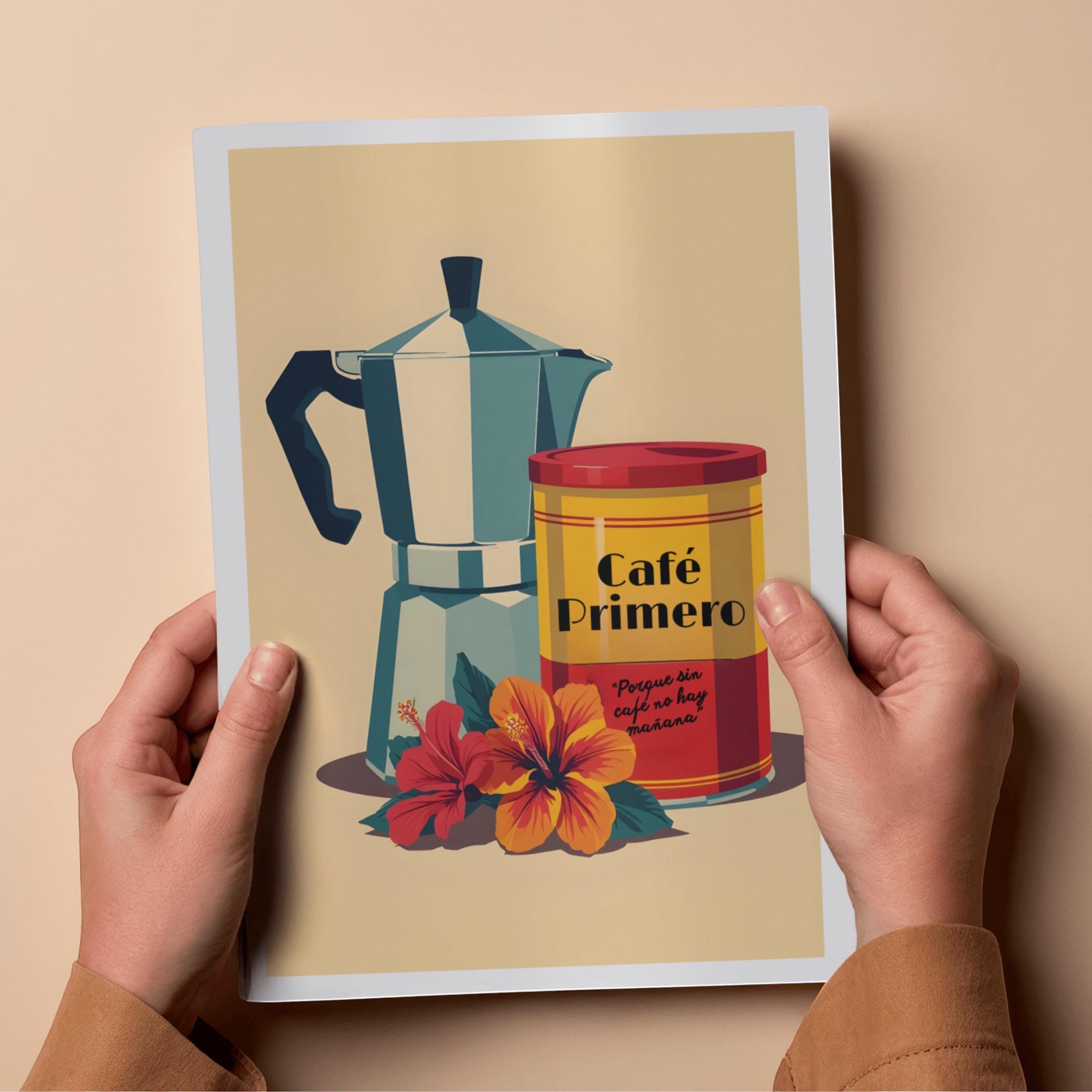 Chévereh Café Primero Greca digital art print featuring a moka pot, coffee can, and hibiscus flowers. Beige background.