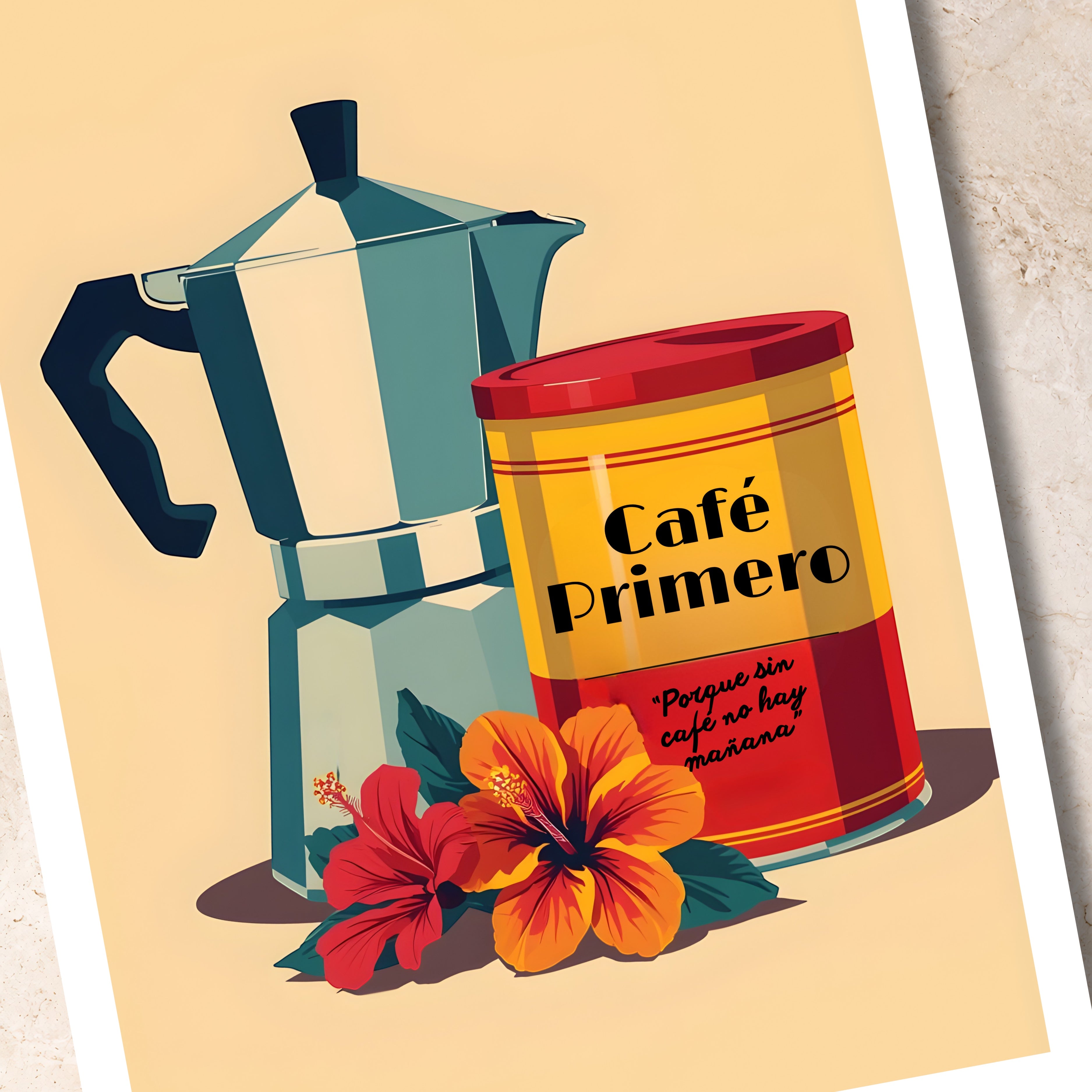 Chévereh digital art print of a silver moka pot and a yellow can labeled Café Primero with red trim, next to red and orange hibiscus flowers.