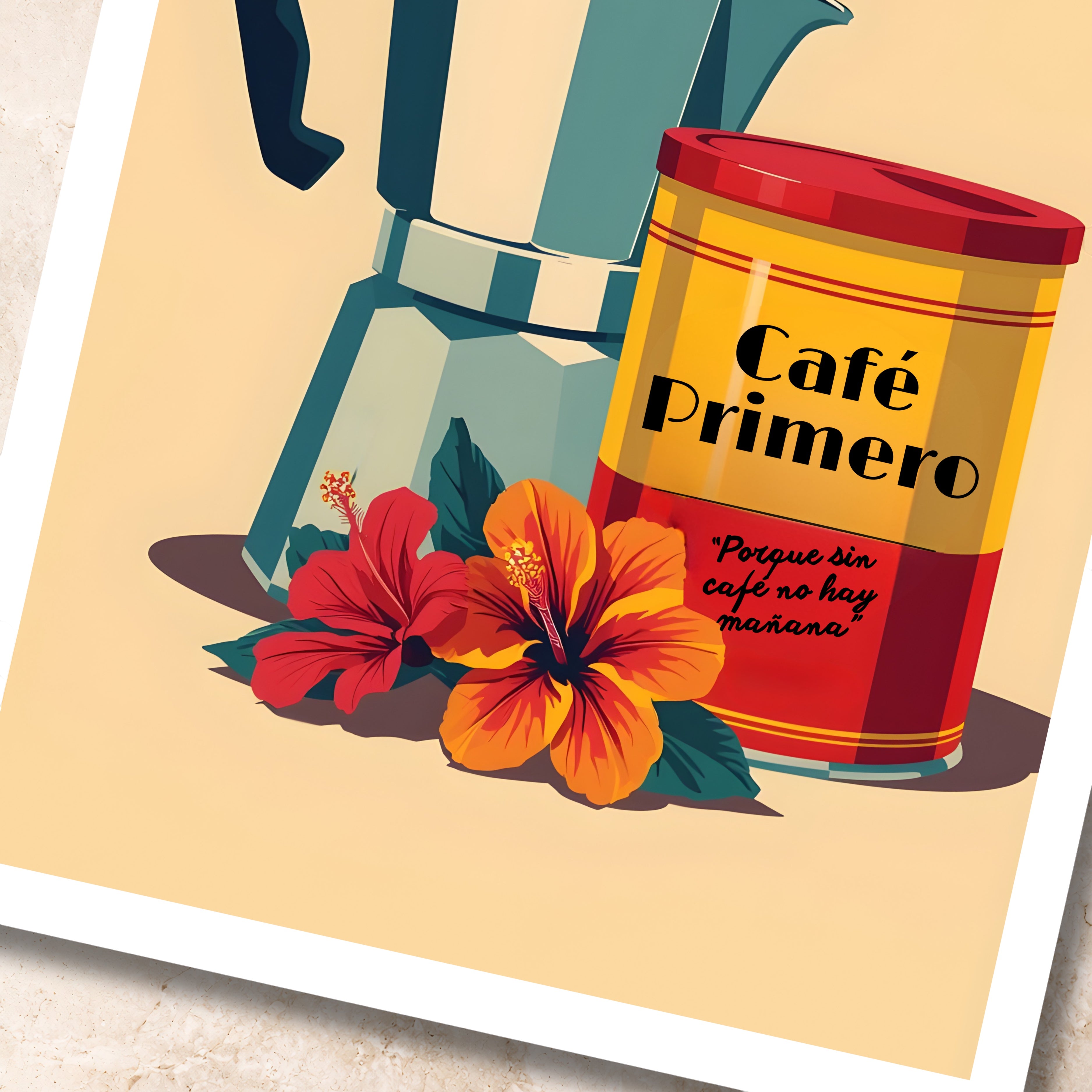 Chévereh digital art print of a greca, Café Primero can, and hibiscus flowers. Features a moka pot, coffee can, and vibrant flowers.