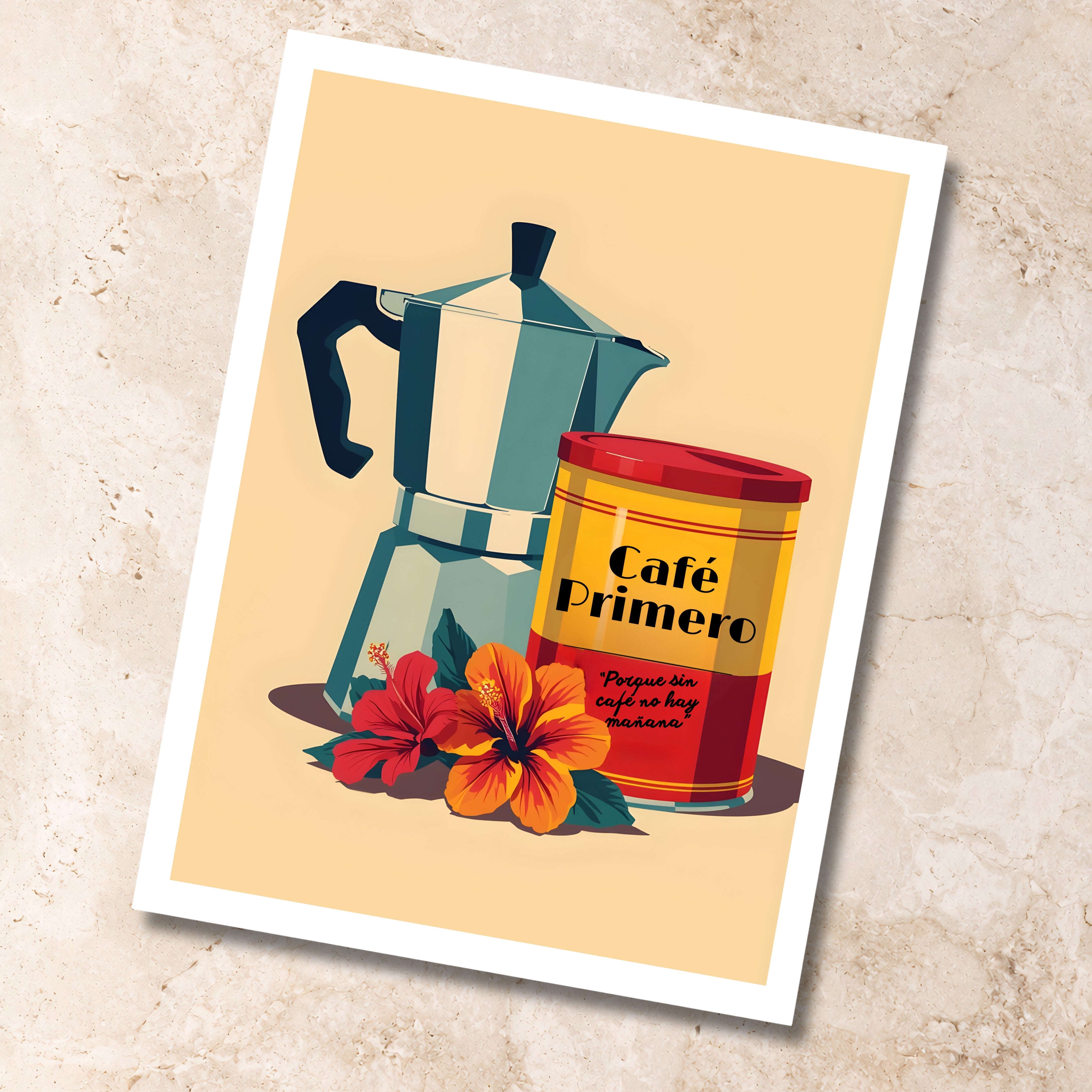 Chévereh digital art print of a greca coffee pot and a can of Café Primero with hibiscus flowers.