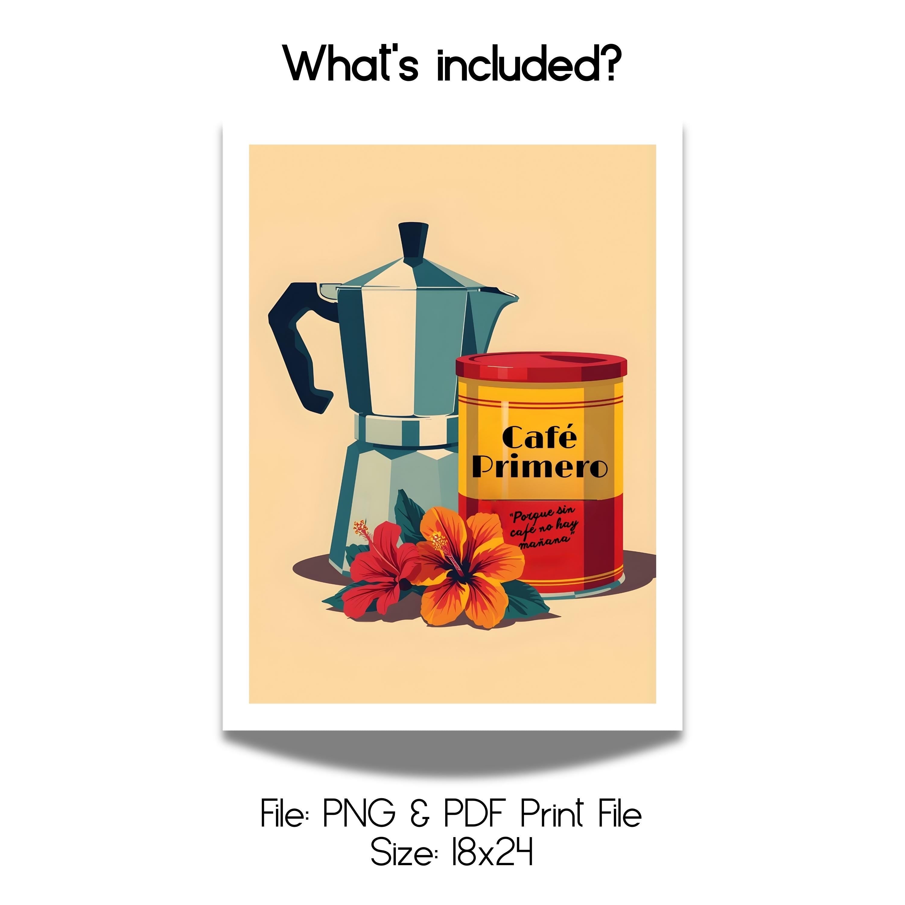 Chévereh digital art print of a moka pot, Café Primero coffee can, and hibiscus flowers, celebrating Puerto Rican coffee culture.