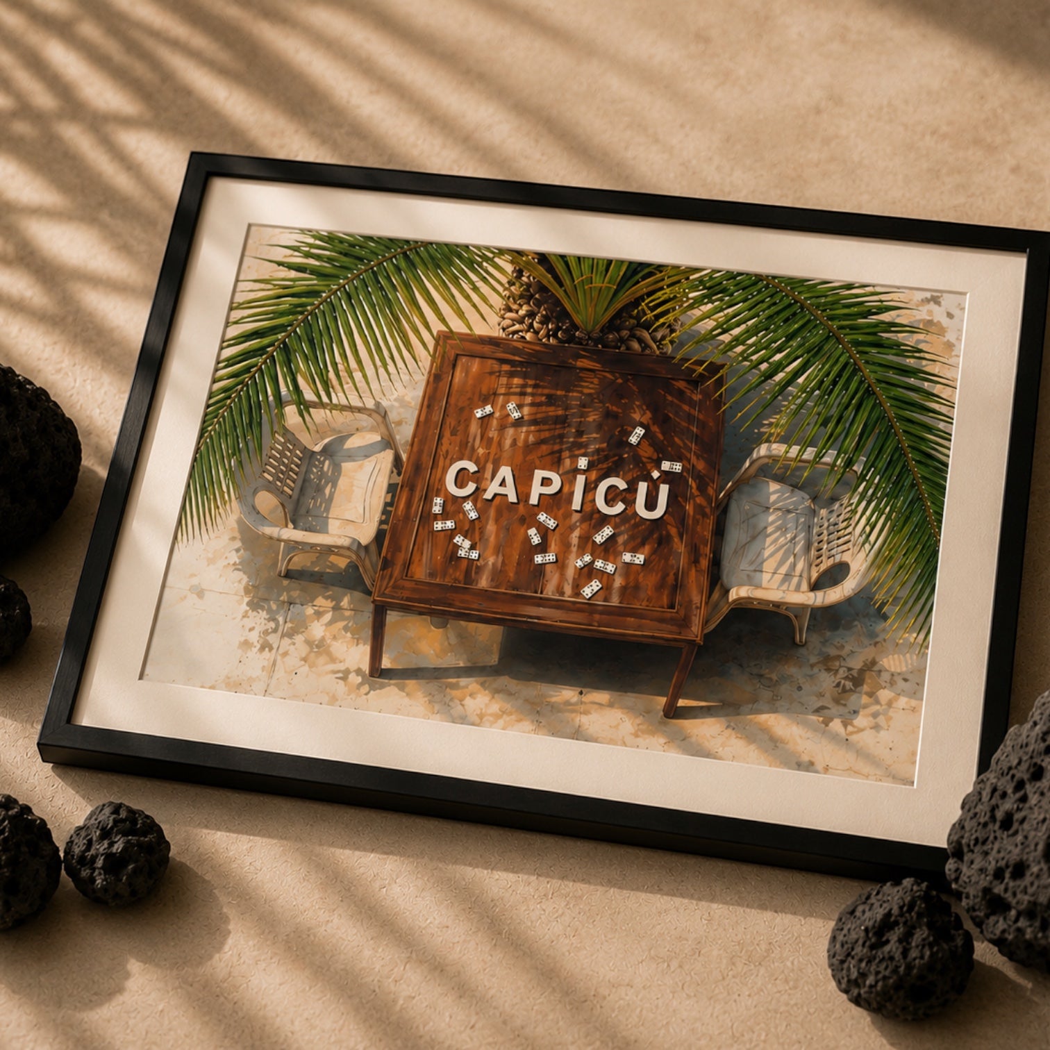 Chévereh Capicú Domino Table Scene digital art print features a rustic wooden table with domino tiles and chairs under palm fronds.