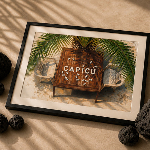 Chévereh Capicú Domino Table Scene digital art print features a rustic wooden table with domino tiles and chairs under palm fronds.