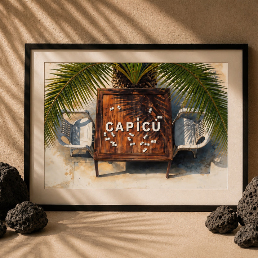 Chévereh Capicú Domino Table Scene digital art print featuring a rustic wooden table with dominoes and palm fronds.