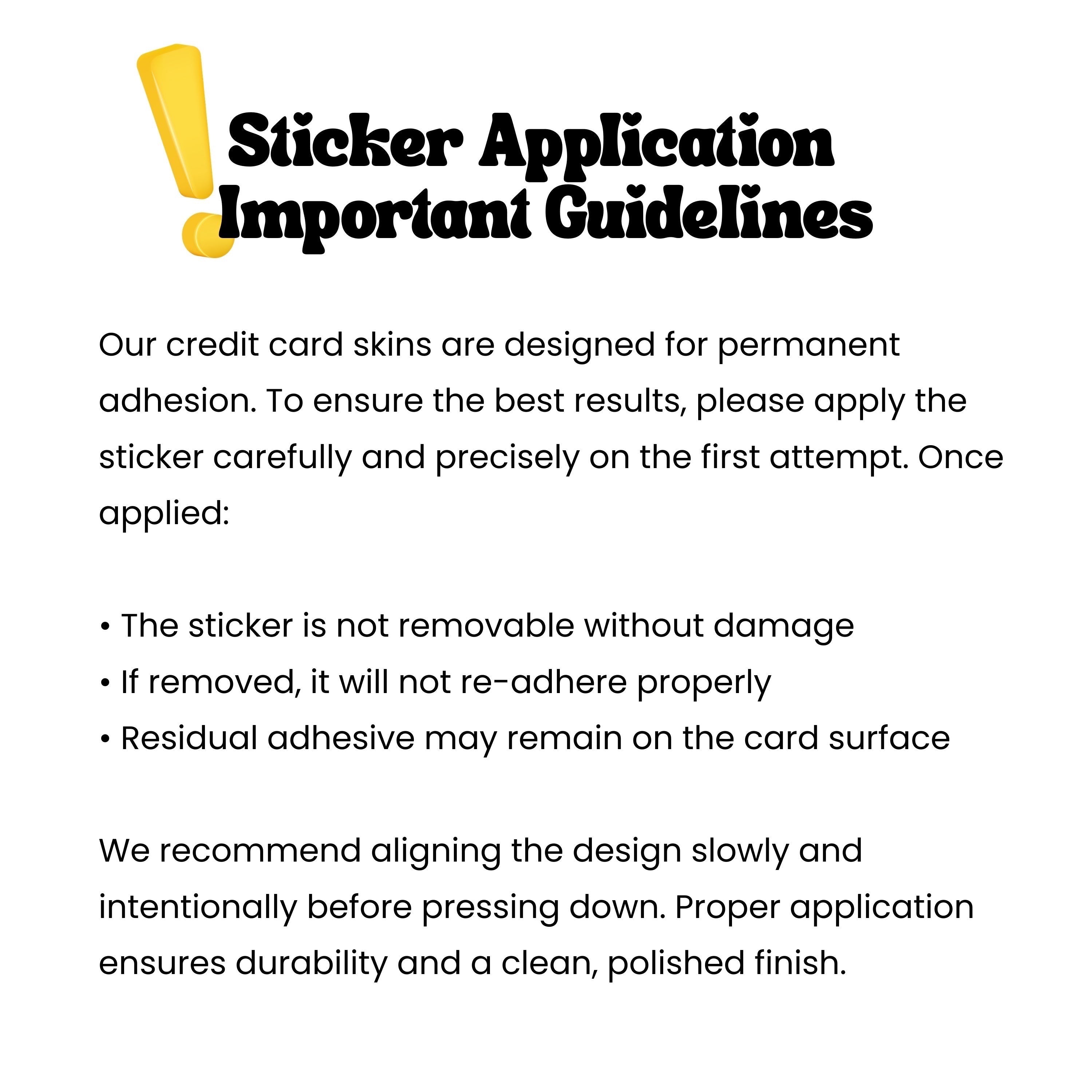 Chévereh sticker application guidelines for waterproof debit and credit card skins. Explains permanent adhesion and careful application.