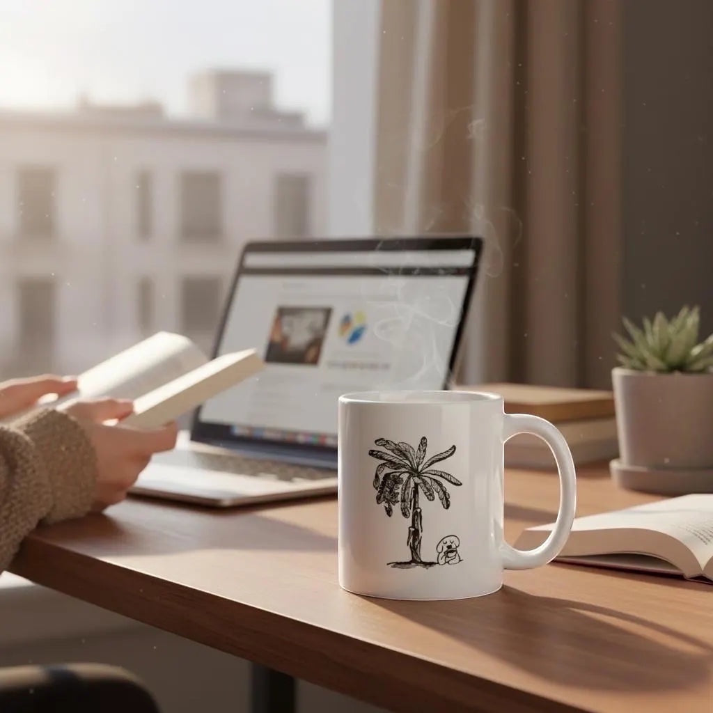 Chévereh white 11oz ceramic mug with a humorous Spanish phrase and a palm tree illustration, perfect for coffee lovers.