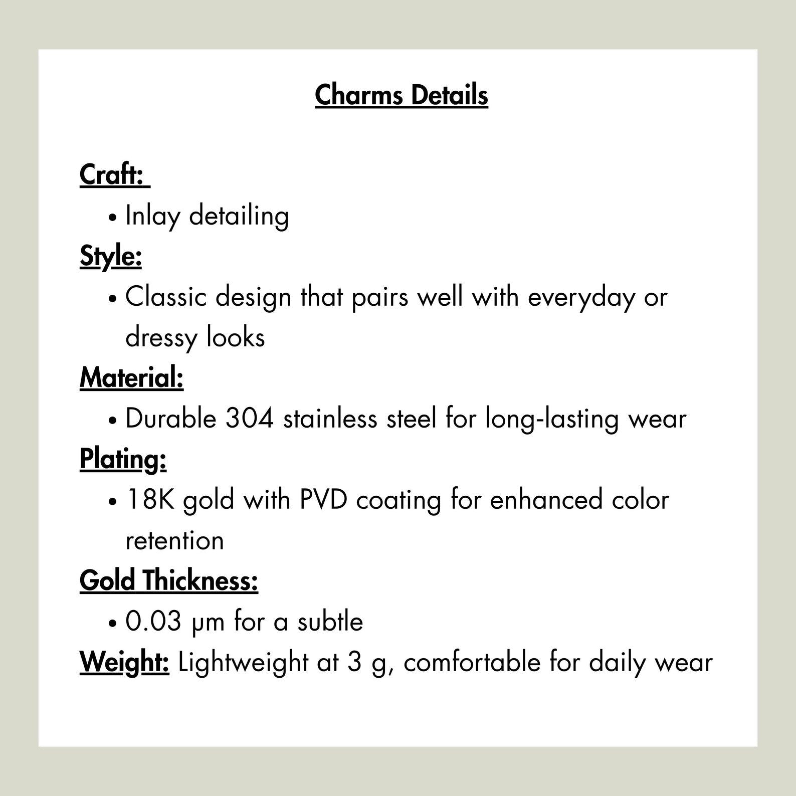 Chévereh charm details infographic showing 18K gold plated stainless steel specifications for jewelry making.