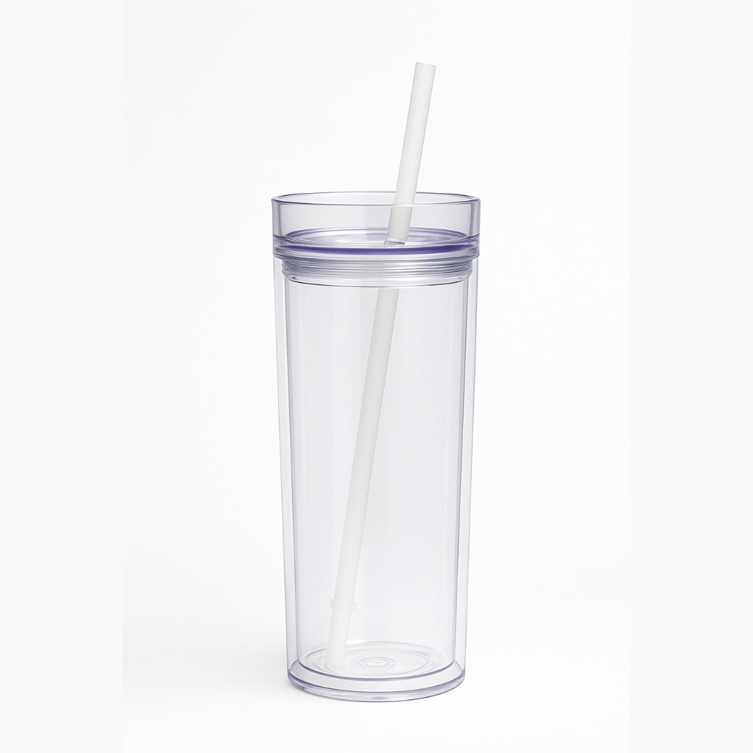 Chévereh clear skinny tumbler with white straw and lid, 16oz double-walled acrylic for cold or hot drinks.